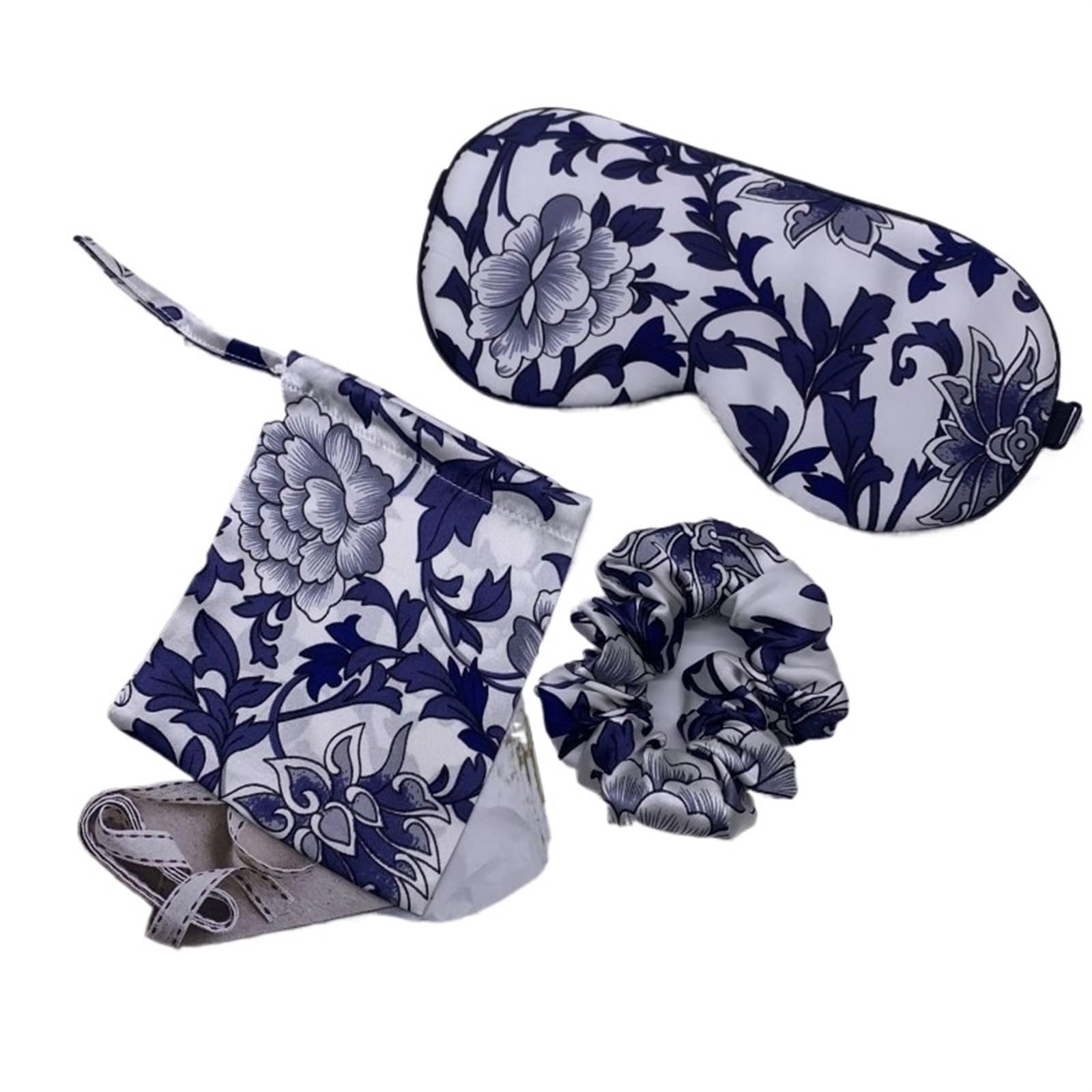 Schlafmaske Seide 1 Set Schlaf-Augenmaske aus Seide mit passender Tasche, 1 Beutel mit Kordelzug for Reisen, 1 Haargummi mit Blumenmuster, Entspannungshilfe, mehrfarbig(NO.3)