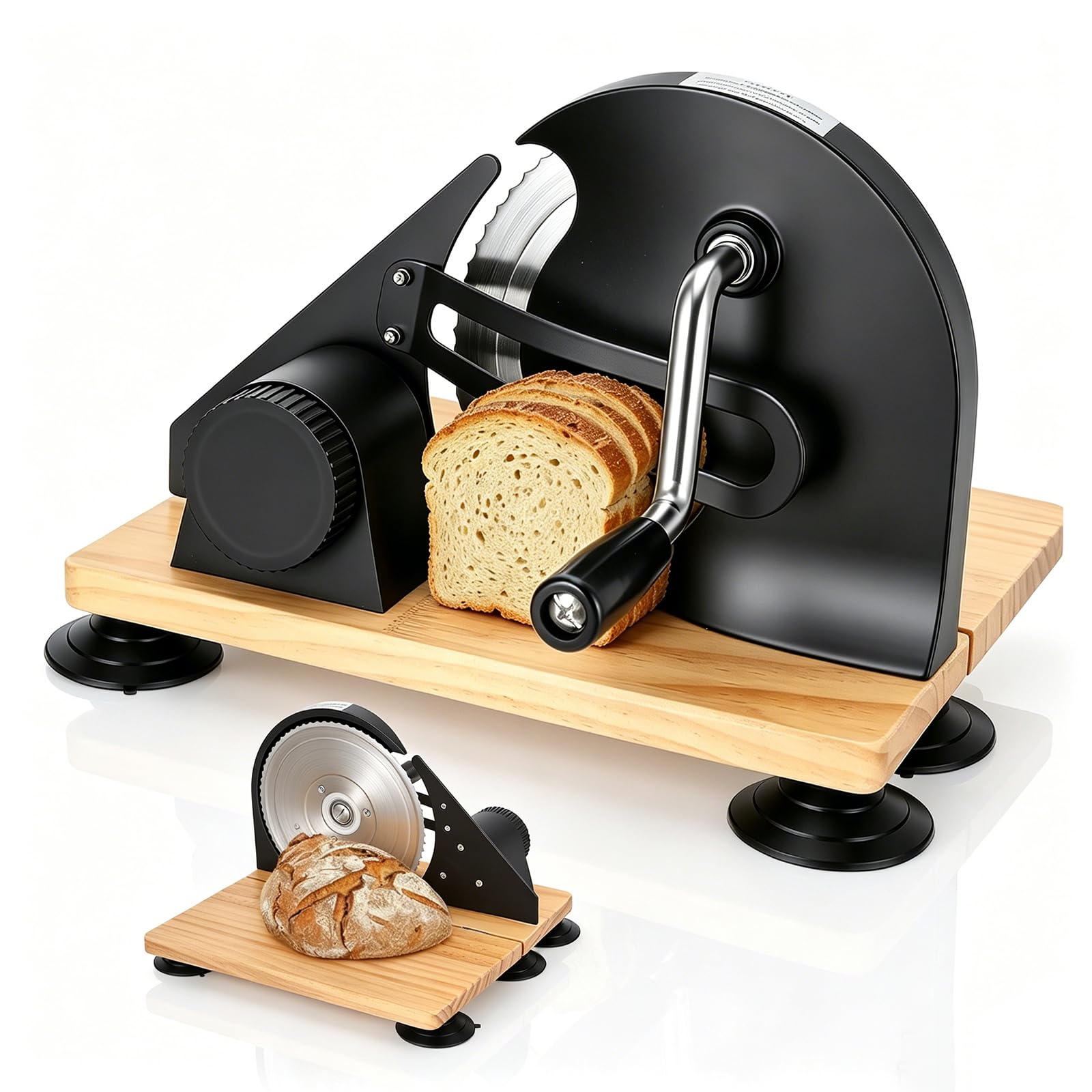 Rebanadora Pan, Rebanadora Multiusos Manual y Plegable Cortador Pan Acero Inoxidable 304 Manivela Manual Ventosas Escala Grosor Rebanada Ajustable Quesos pan y Verduras Base Reforzada Madera Maciza