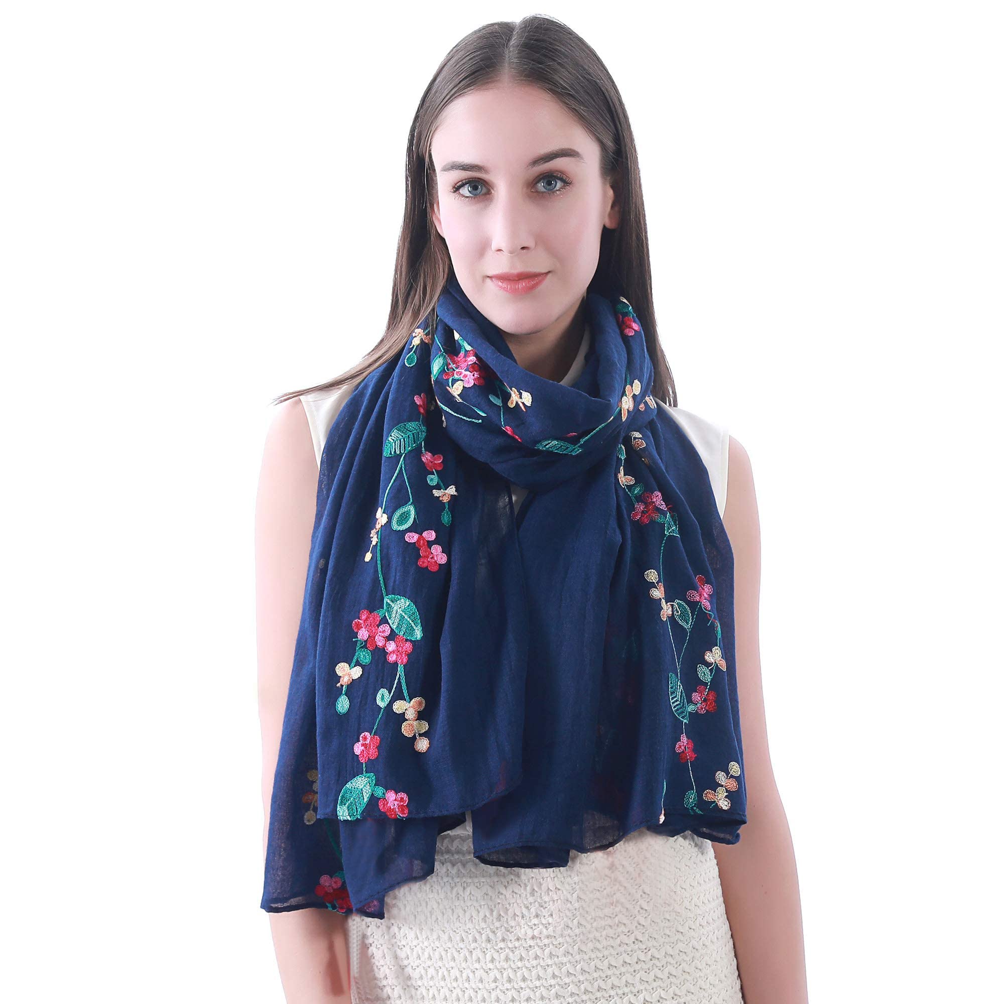 Lina & Lily Embroidered Floral Tassel Scarf Shawl Lightweight (Navy Blue)(Size: 180cm x 90cm)