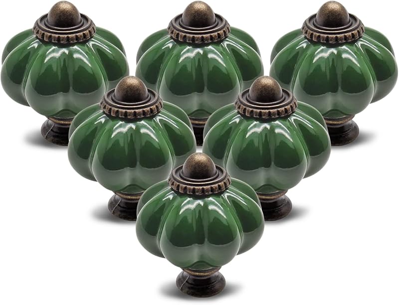 12 pomos de calabaza de color verde oscuro, pomos de cerámica vintage para gabinete | Pomos para tocador, pomos para cajones, pomos para puertas, tiradores para cajones, tiradores para tocador con tornillos de montaje
