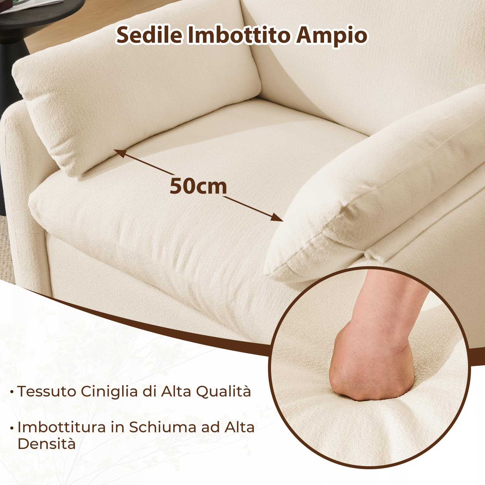 Extra-Grand Poltrona Salotto, 93.5cm Divano Singolo Poltrone Camera da Letto con Braccioli Rimovibili e Cuscino, Poltrona Imbottita Relax per Salotto Soggiorno Camera da Letto, Beige