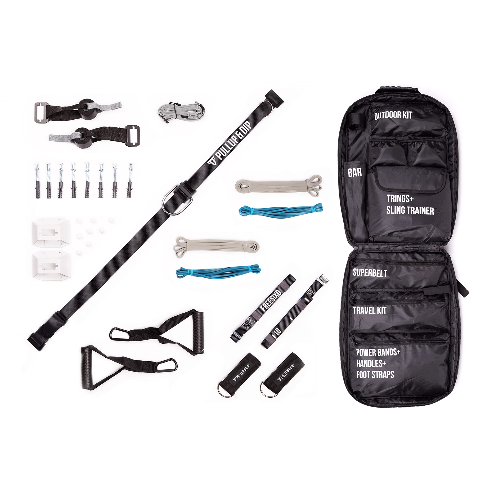 FREESIXD Suspension and Résistance Trainer Set - Équipement d'entraînement Complet Comprenant Un entraîneur à Sangles, des Bandes de résistance, des ancrages de Porte, Une Barre de Fitness et Un Sac.