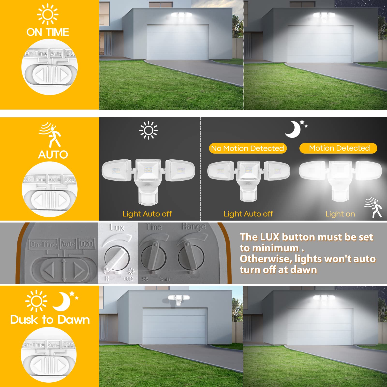 Gvcxk LED Security Lights Outdoor Motion Sensor Lights, Dusk to Dawn Flood Lights 30W 3500LM with 3 Mode Adjustable, IP65 Waterproof, 5700K Motion Detected 3 Head Flood Light Wired for House (White)