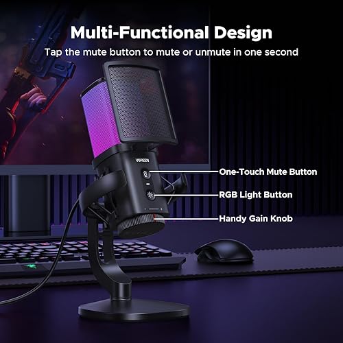 Miniatura 5 de UGREEN Micrófono para juegos, micrófono para PC de 24 bits96 kHz, con silencio rápido, filtro pop, soporte de choque, perilla de volumen, patrón