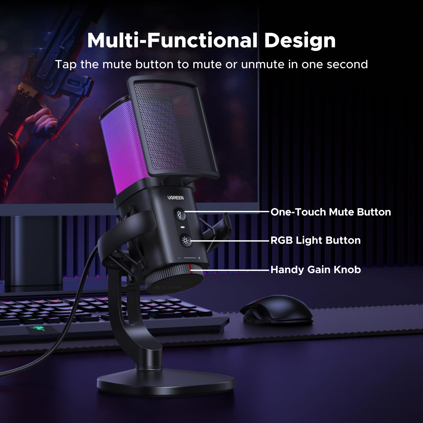 Mikrofon do gier USB do przesyłania strumieniowego i czatu głosowego, mikrofon pojemnościowy 24 bity/96 kHz z szybkim wyciszeniem, monitorowaniem zerowym opóźnieniem, filtrem pop, mocowaniem