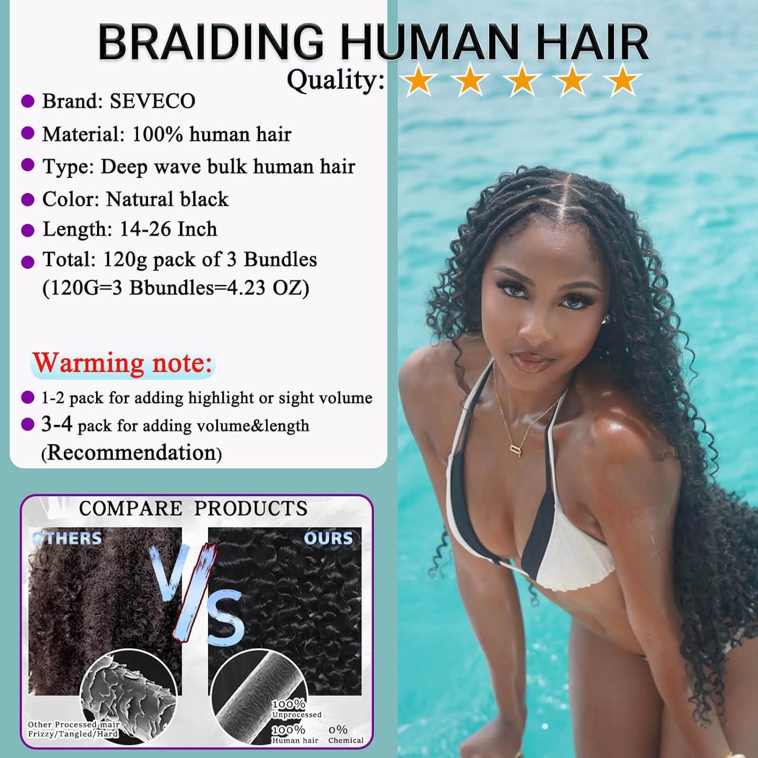 Human Braiding Hair for Boho Braids 120g 12A Deep Wave Bulk Human Hair Curly Bundles Wet and Wavy Knotless 100% Virgin Hair Extensions No Weft Bohemian Braids 3 Bundles/Pack Natural Color 16Inch