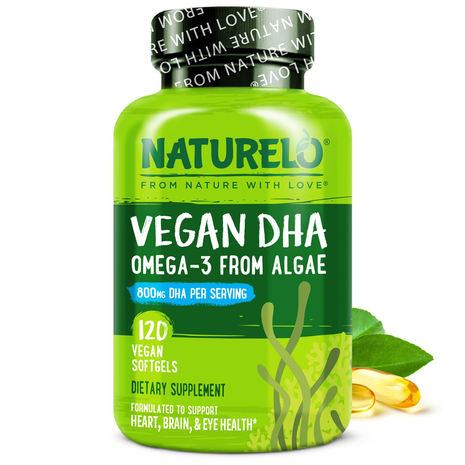 NATURELO Vegan DHA - Omega 3 Oil from Algae - Supplement for Brain, Heart, Joint, Eye Health - Provides Essential Fatty Acids for Women Men and Kids - Complements Prenatal Vitamins - 120 Softgels