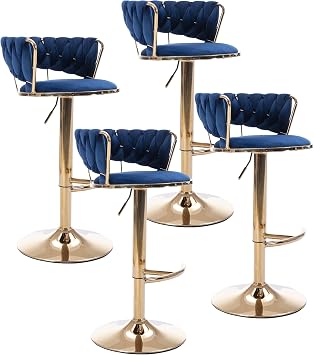 Velvet Swivel Bar Stool Set of 4, Modern Adjustable 360 Swivel Bar Height Chair, Woven Hollow Back, Upholstered Counter Height Bar Stool, Blue Golden Base