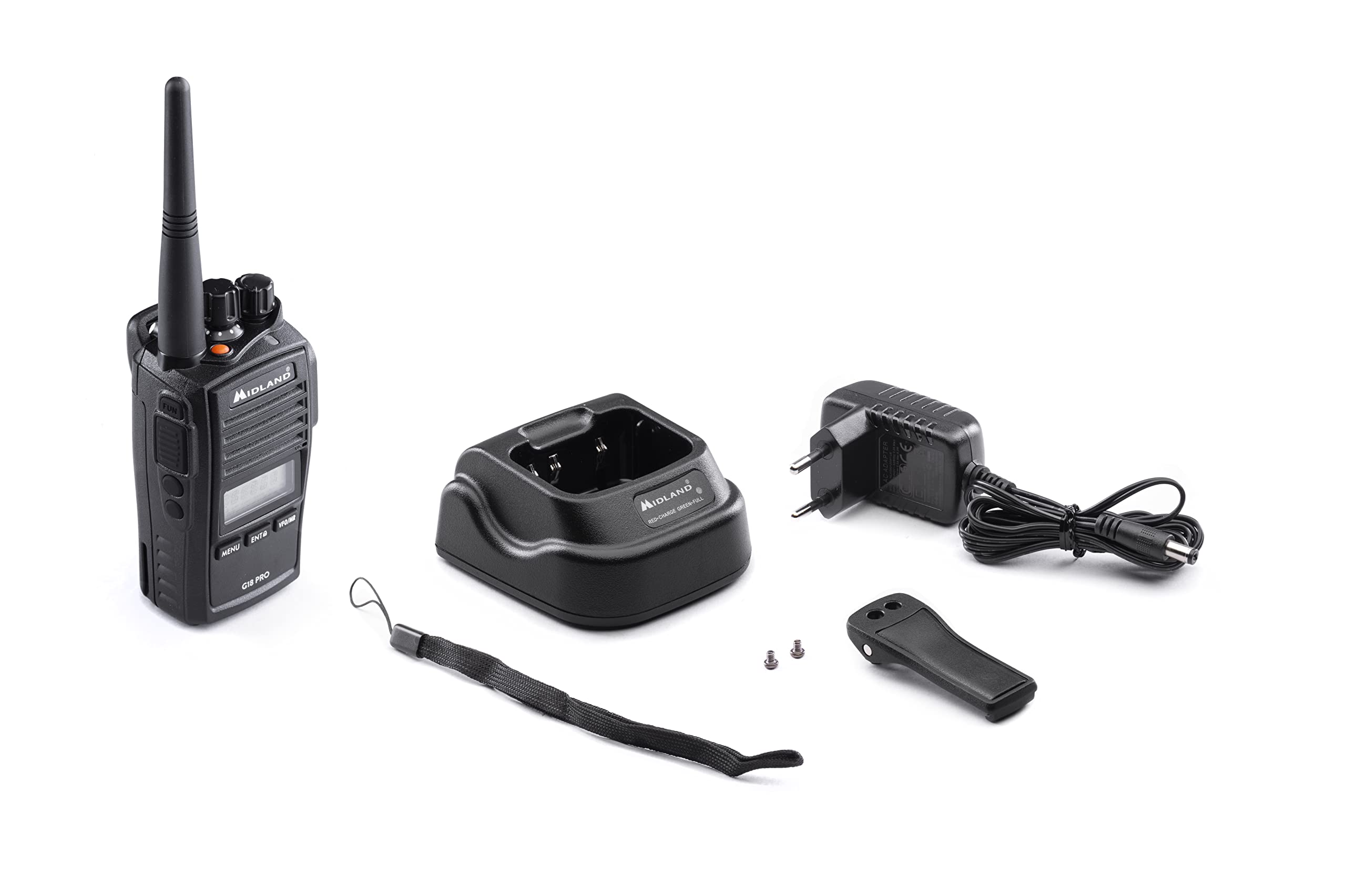 Midland G18 Pro Talkie-walkie Radio bidirectionnelle, 99 canaux PMR446 sans Licence, certifié IP67, Batterie Li-ION, Chargeur de Bureau, Clip de Ceinture, certifié UKCA, Prise Britannique, Noir