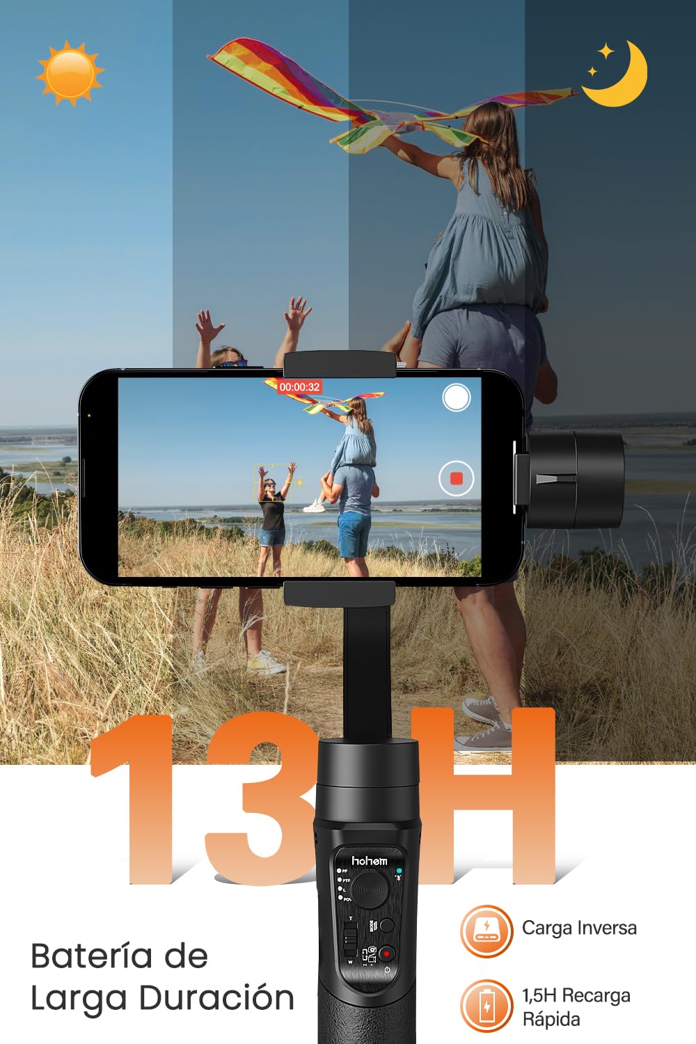 Gimbal Estabilizador para Móvil, 3-Ejes Gimbal Movil con 6 Modos, Gimbal Stabilizer Ligero con Batería Soporte para 12H, Carga 280g, Ideal para Smartphone iOS&Android iPhone/Huawei/Samsung/Xiaomi etc