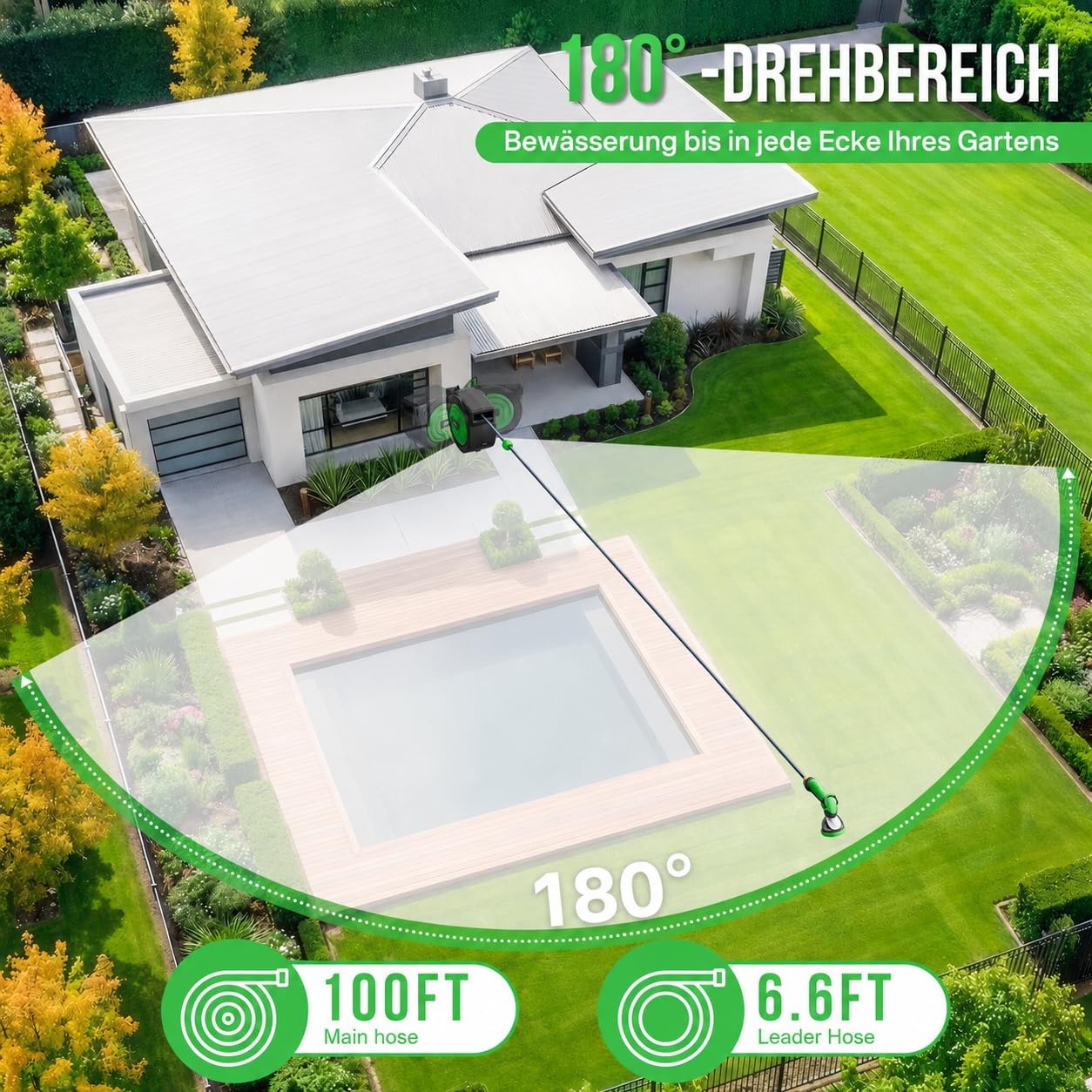 Schlauchtrommel,Wand-Schlauchbox RollUp 1/2'' x 30+2 m mit 180° Schwenkbarer, 10-fach Verstellbarer Düse, Automatischem Rückzugssystem und Arretierung in Jeder Länge für Garten Bewässerung Reinigung