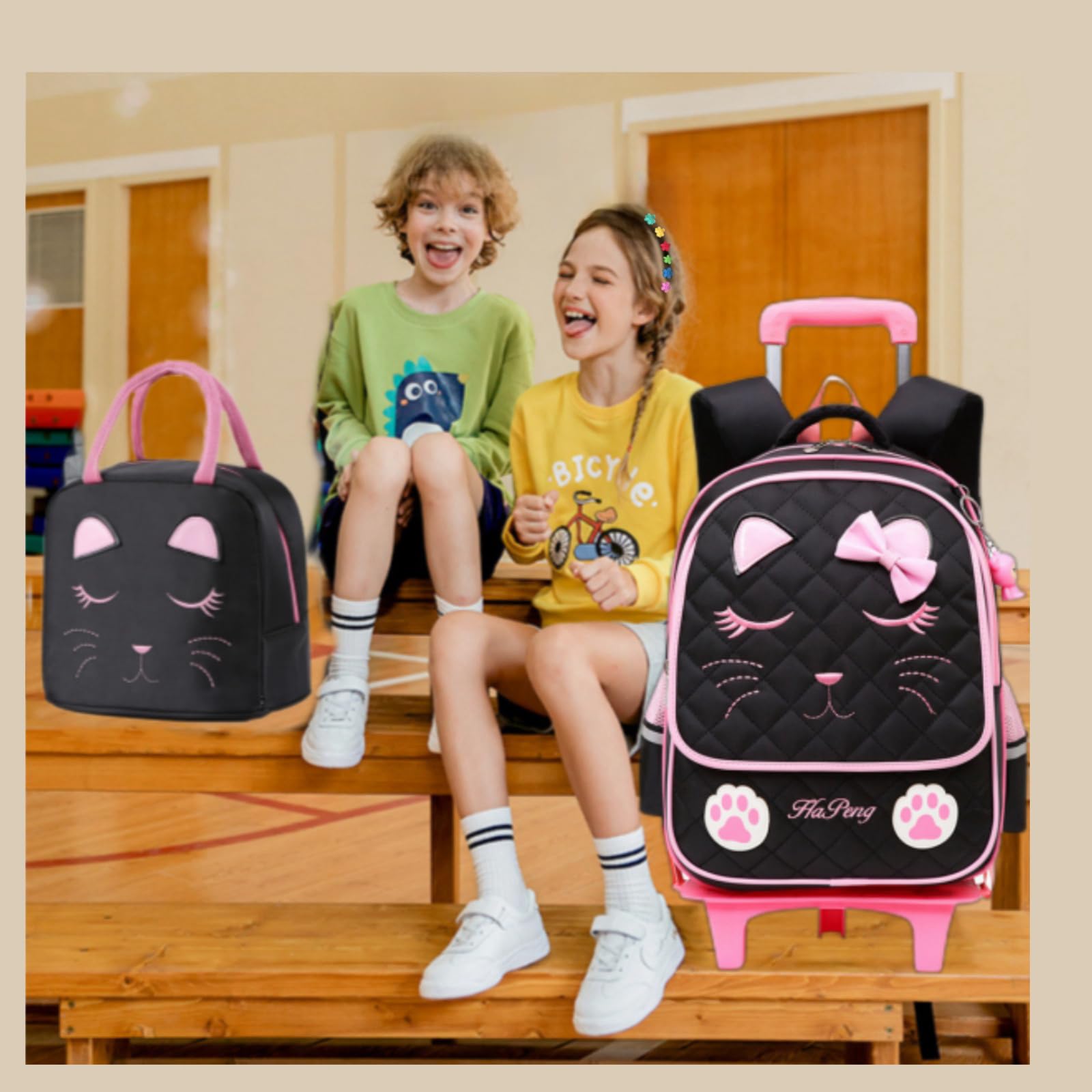 MITOWERMI Mochila con ruedas para niñas, mochila escolar con cara de gato, mochilas para niños con ruedas, equipaje de viaje