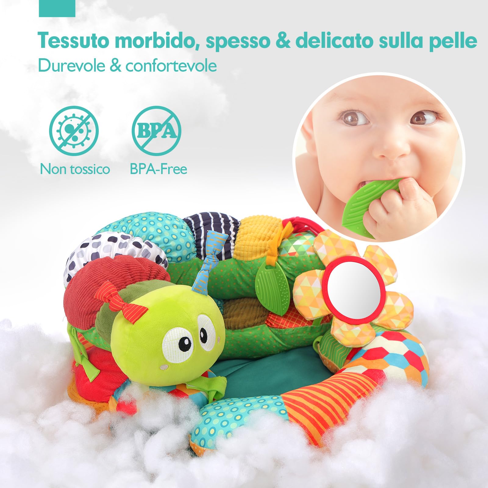 hahaland Giochi Neonato 0-3 6 9 Mesi, 4 in 1 Tummy Time & Supporto Seduto & Tappetino Bruco & Palestrina Neonata con Specchio e Sonaglino, Giocattolo Sensoriale per Neonati, per Sviluppo Precoce