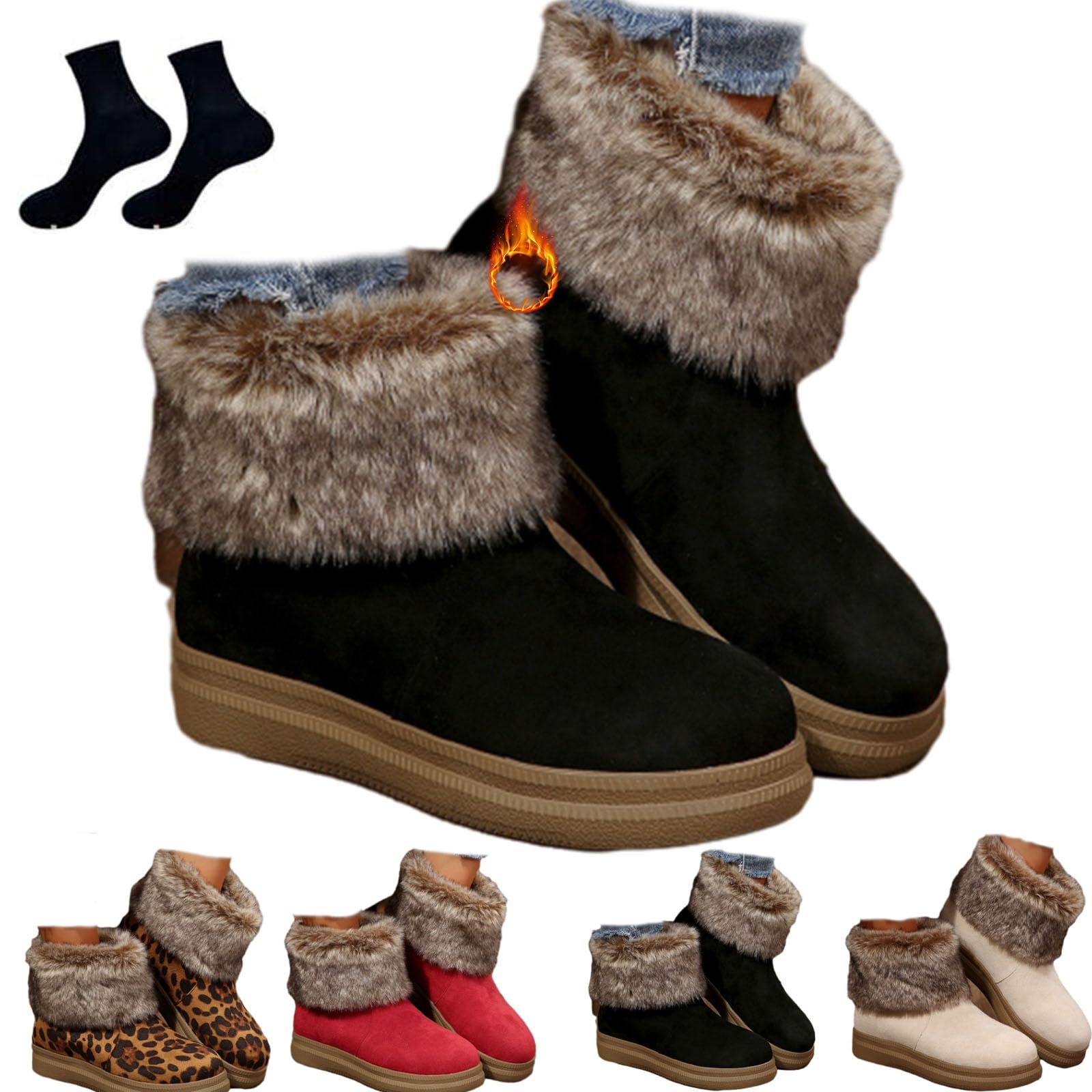 Womens Faux Fur-Lined Winter Ankle Boots with Suede Upper Cozy Warm Platform Flat Mid Calf Leopard Walking Snow