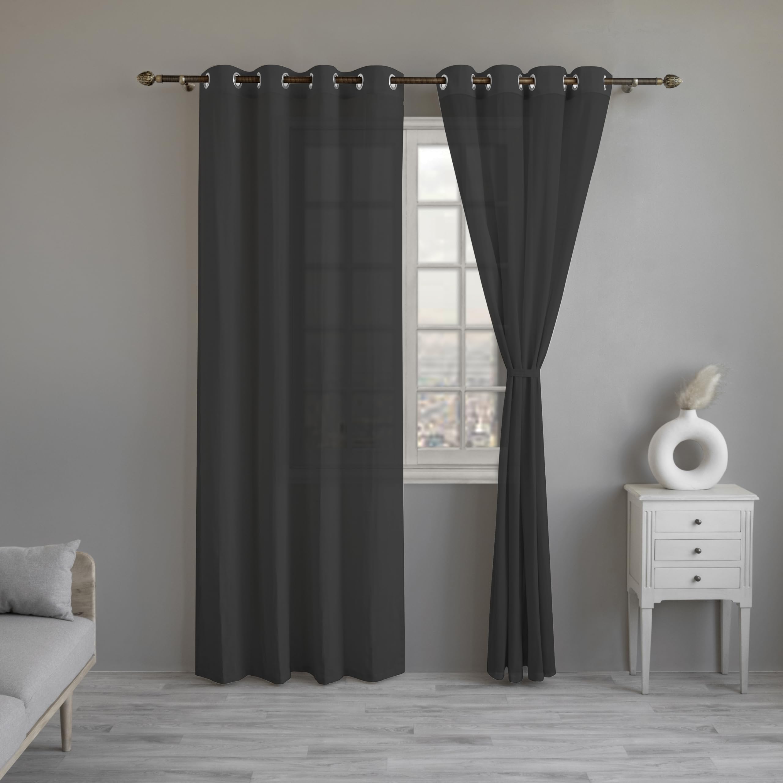 LINENWALAS Black Cotton Linen Sheer Curtains, 5 Feet Window Curtain, Set of 2 Solid Curtains for Kitchen, Bedroom, Curtains with Eyelet Rings, Light Filtering (4.5X 5 ft) (B0CM6Q6832) Amazon Price History, Amazon Price Tracker