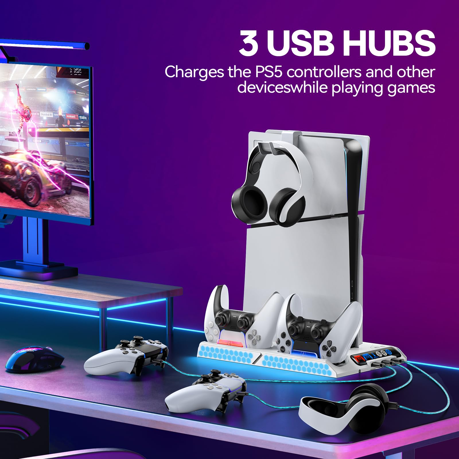 Tokluck Support de refroidissement pour PS5 Pro/PS5 Slim/PS 5 avec réglage automatique, base de charge manette PS5 avec ventilateur de refroidissement à 4 étapes, accessoires PS5 Original/Edge