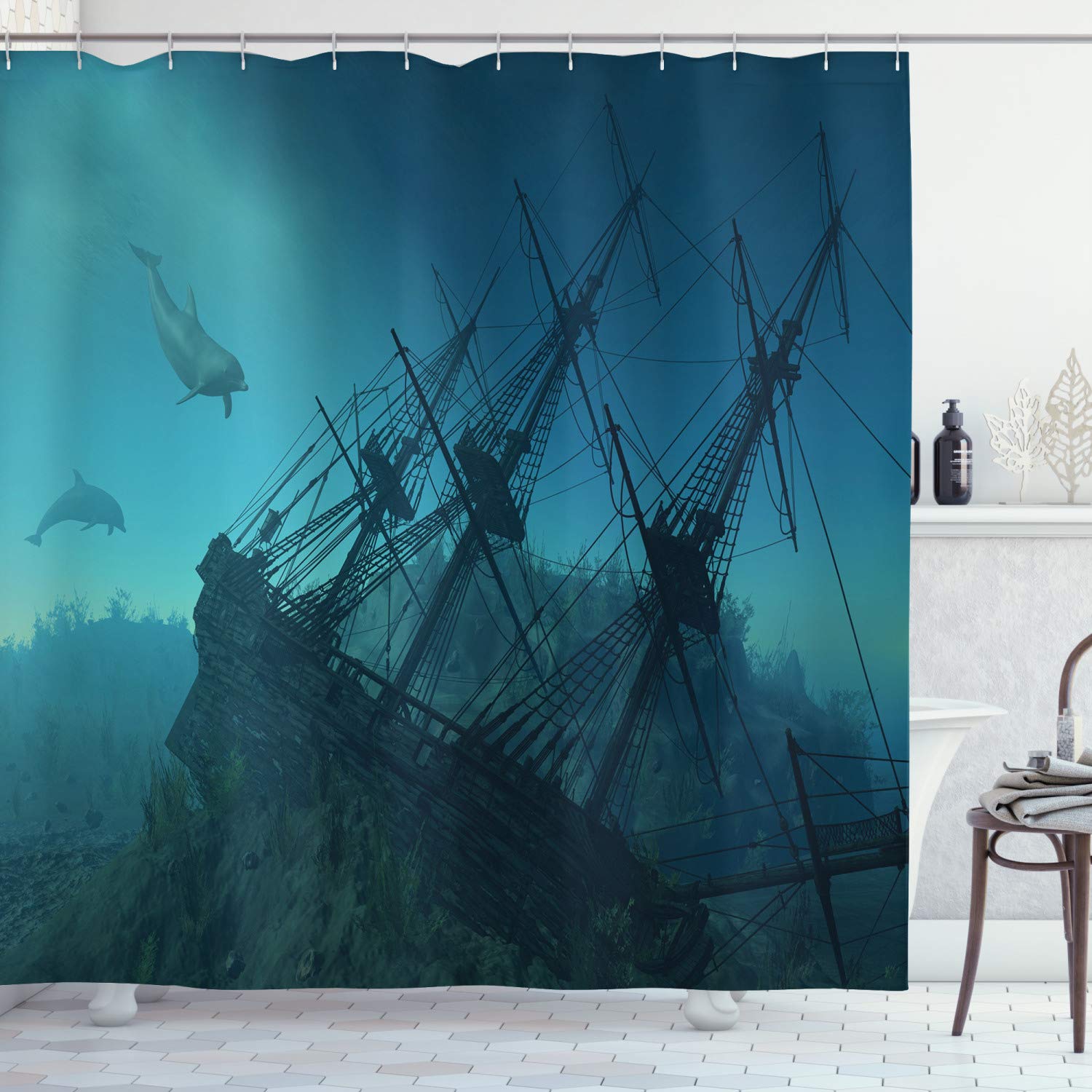(180cm W By 180cm L, Multi 32) - Nautical Decor Shower Curtain Set By Ambesonne, Dolphins Approaching To The Ruined Wreckage Of Underwater Sunken Ship Mystery Treasure Theme, Fabric Bathroom Set wi...