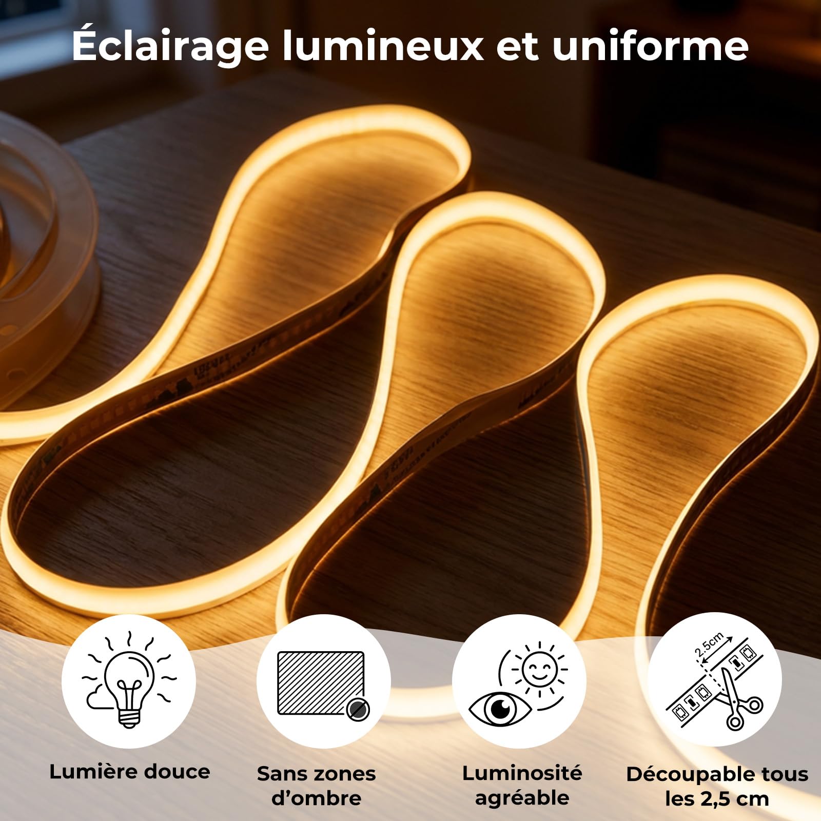 Ruban LED COB 6 x 1 m, Dimmable Contrôle Tactile pour Éclairage de Panneaux Acoustiques, Vitrines, Armoires, Cuisines, Caves à Vin, Présentoirs et Étagères, 3000K
