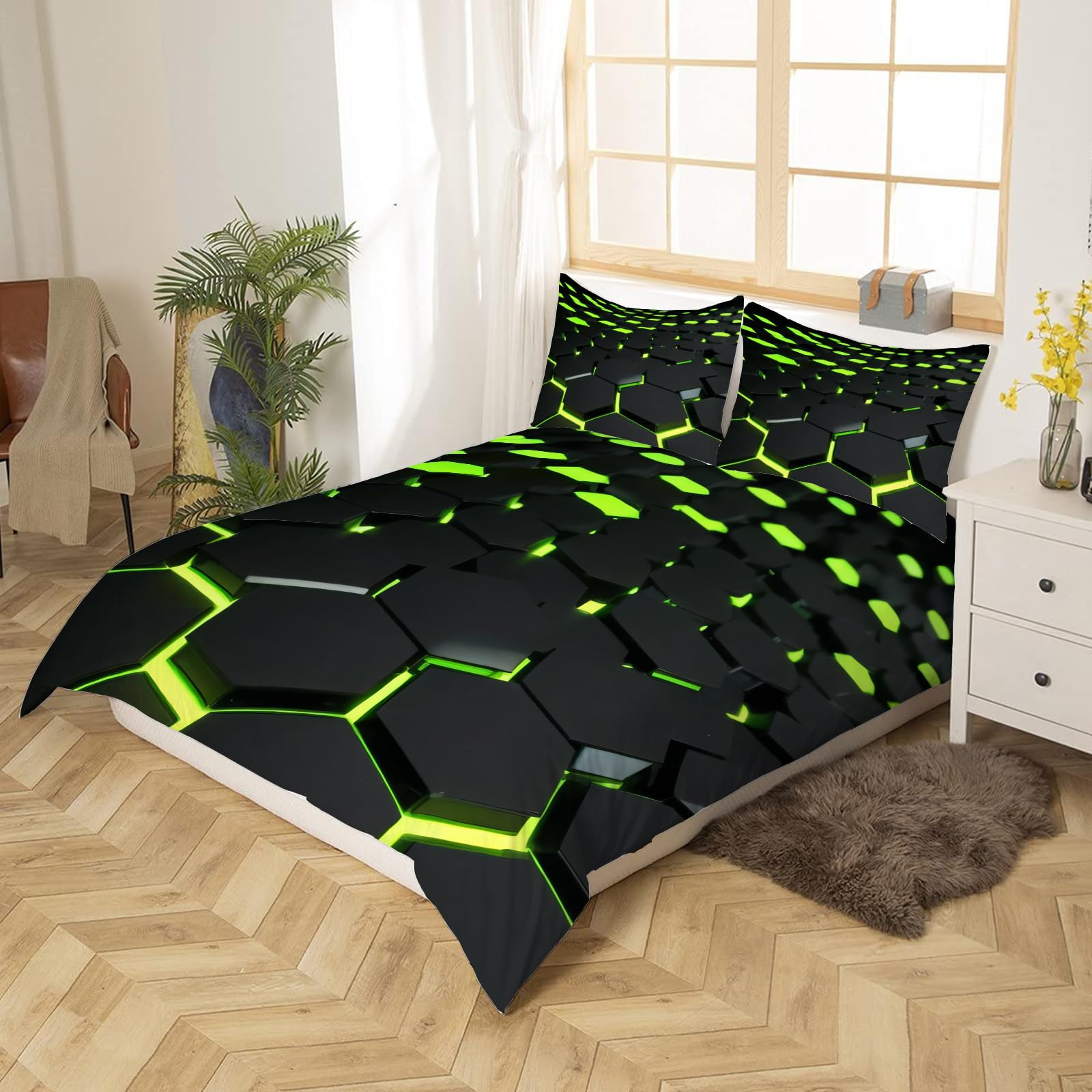Copripiumino Matrimoniale 260x240 Esagono 3D, Set di Biancheria da Letto in Microfibra a Cerniera Fantasia Geometrica Copripiumoni Matrimoniali con 2 Federe