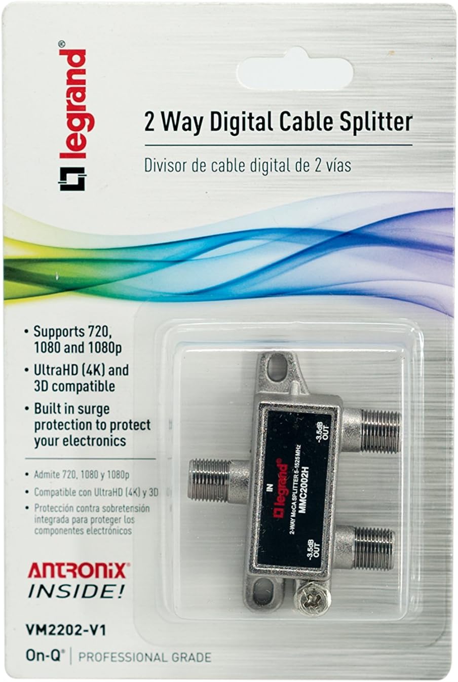 On-Q VM2202V1 Home Office and Theater Cable Splitter, 2 Way, Black