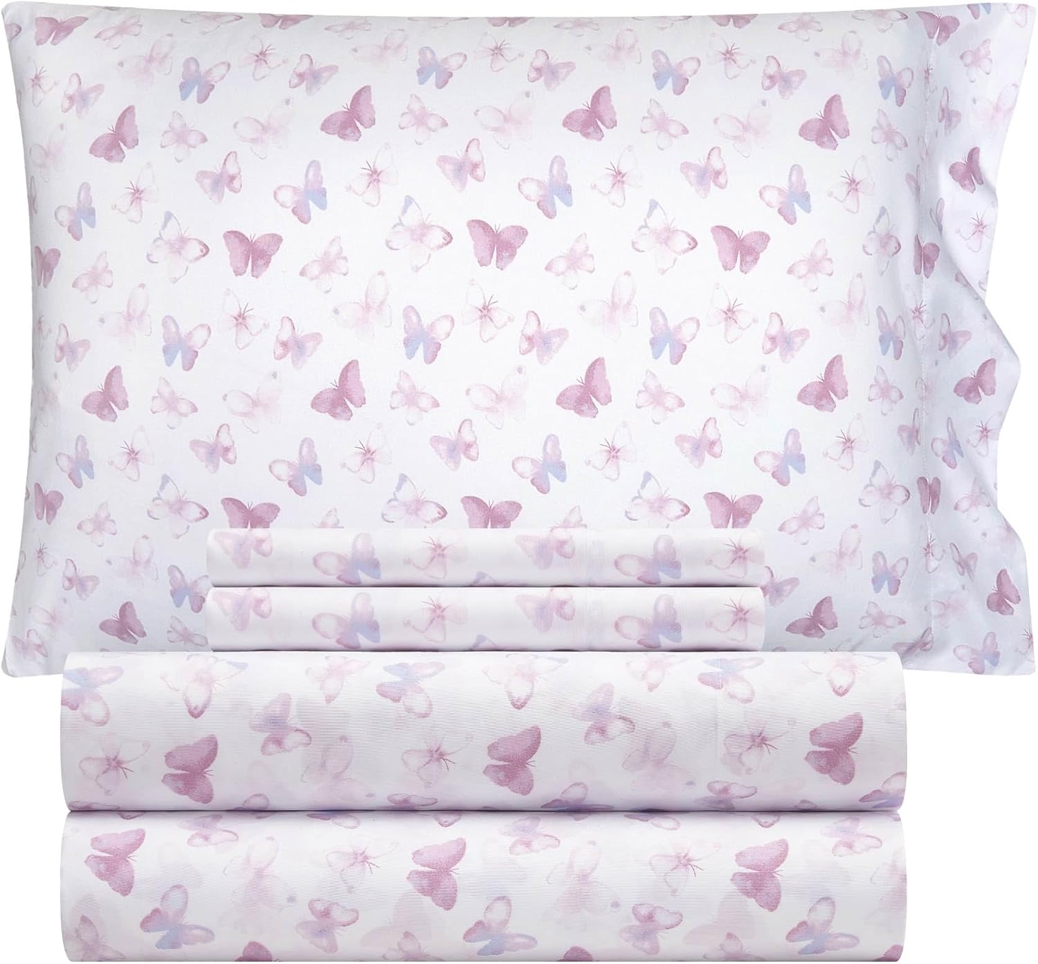 Heritage Kids 4-Piece Full Sheet Set – Watercolor Butterfly Design, Includes Top Sheet, Fitted Sheet & 2 Pillowcases, Soft Microfiber Bedding for Girls’ Bedroom or Guest Room