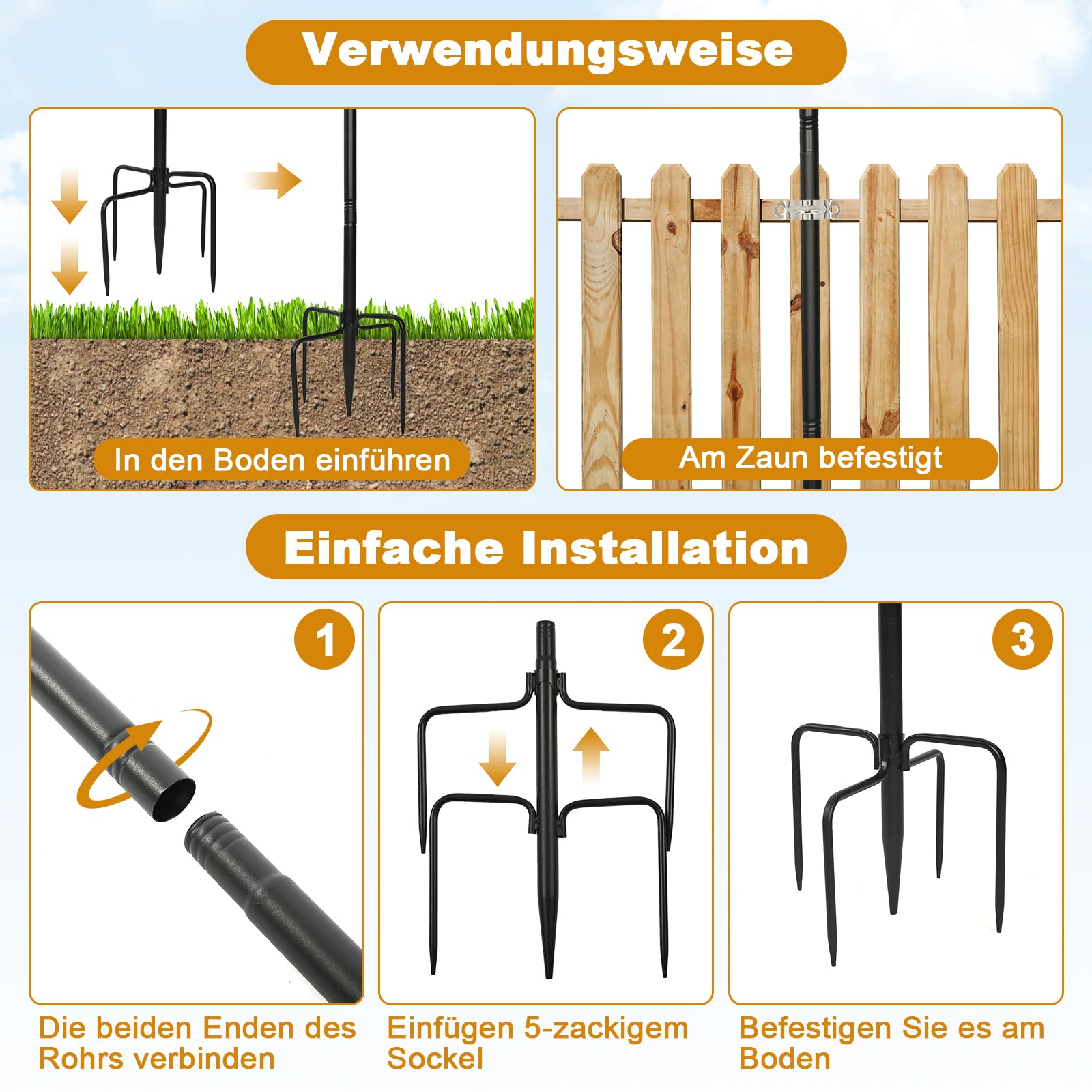 Lot de 4 guirlandes lumineuses de 3 m - Crochet de berger de jardin pour guirlandes lumineuses en extérieur - En métal - Avec fourchette - Support de guirlande lumineuse d'extérieur pour