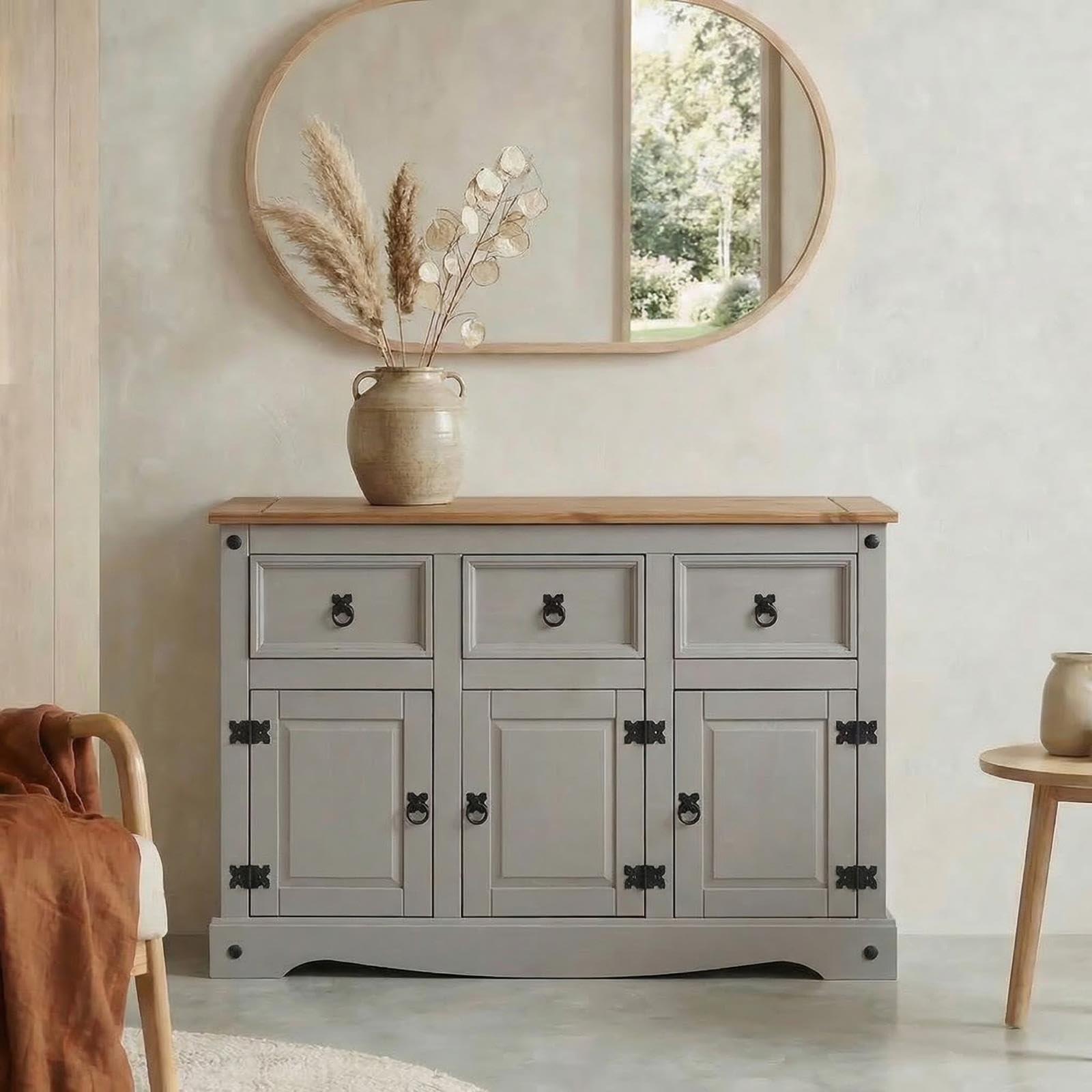 CARO-Möbel Sideboard Ramon Landhausstil Kommode Kiefer massiv grau lasiert mit 3 Schubladen und 3 Türen