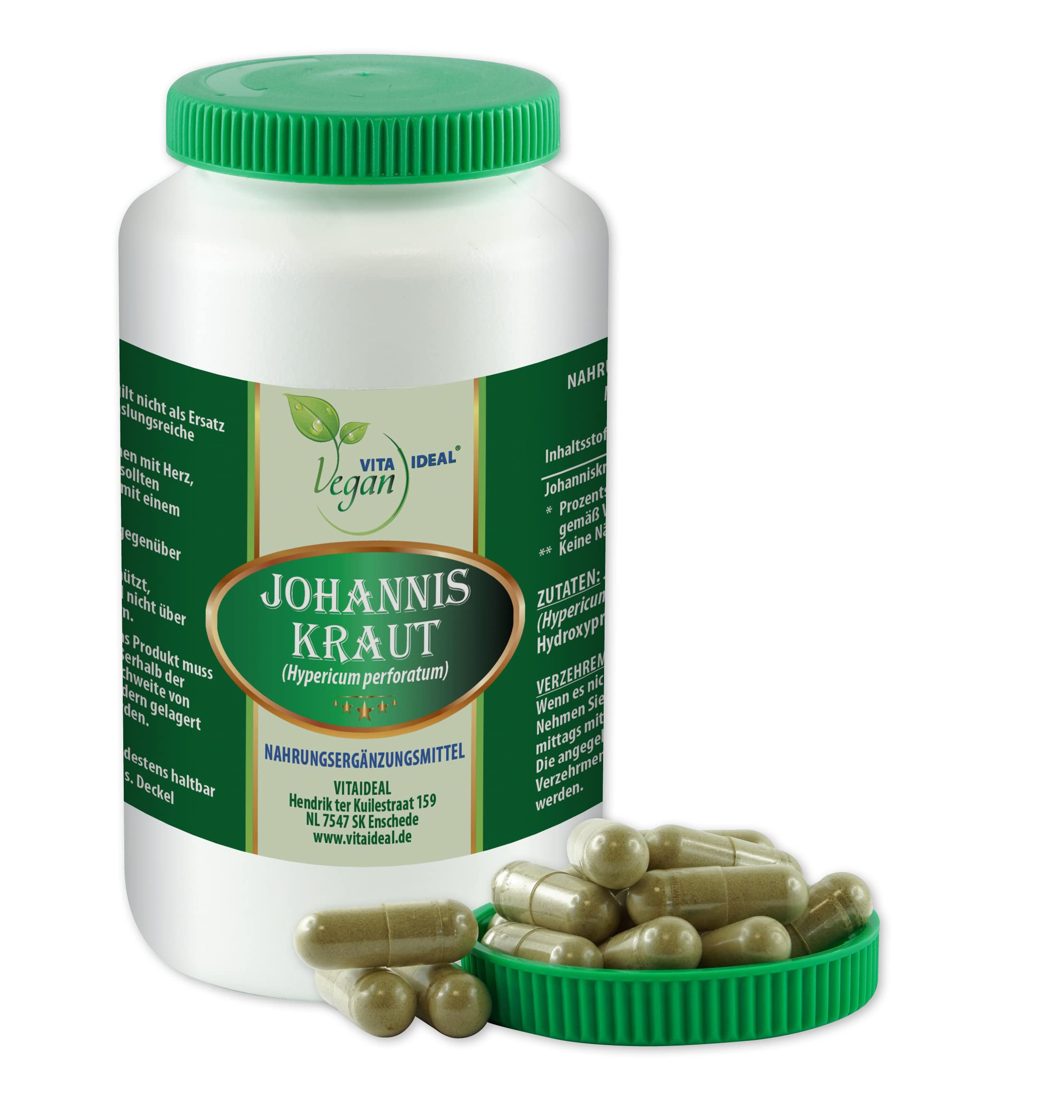 VITA IDEAL Vegan® JOHANNIS - Kraut 360 KAPSELN - Hypericum perforatum - Tagesportion 750mg JOHANNISKRAUT reines Pulver. Pflanzlich, natürlich & ohne Zusatzstoffe.