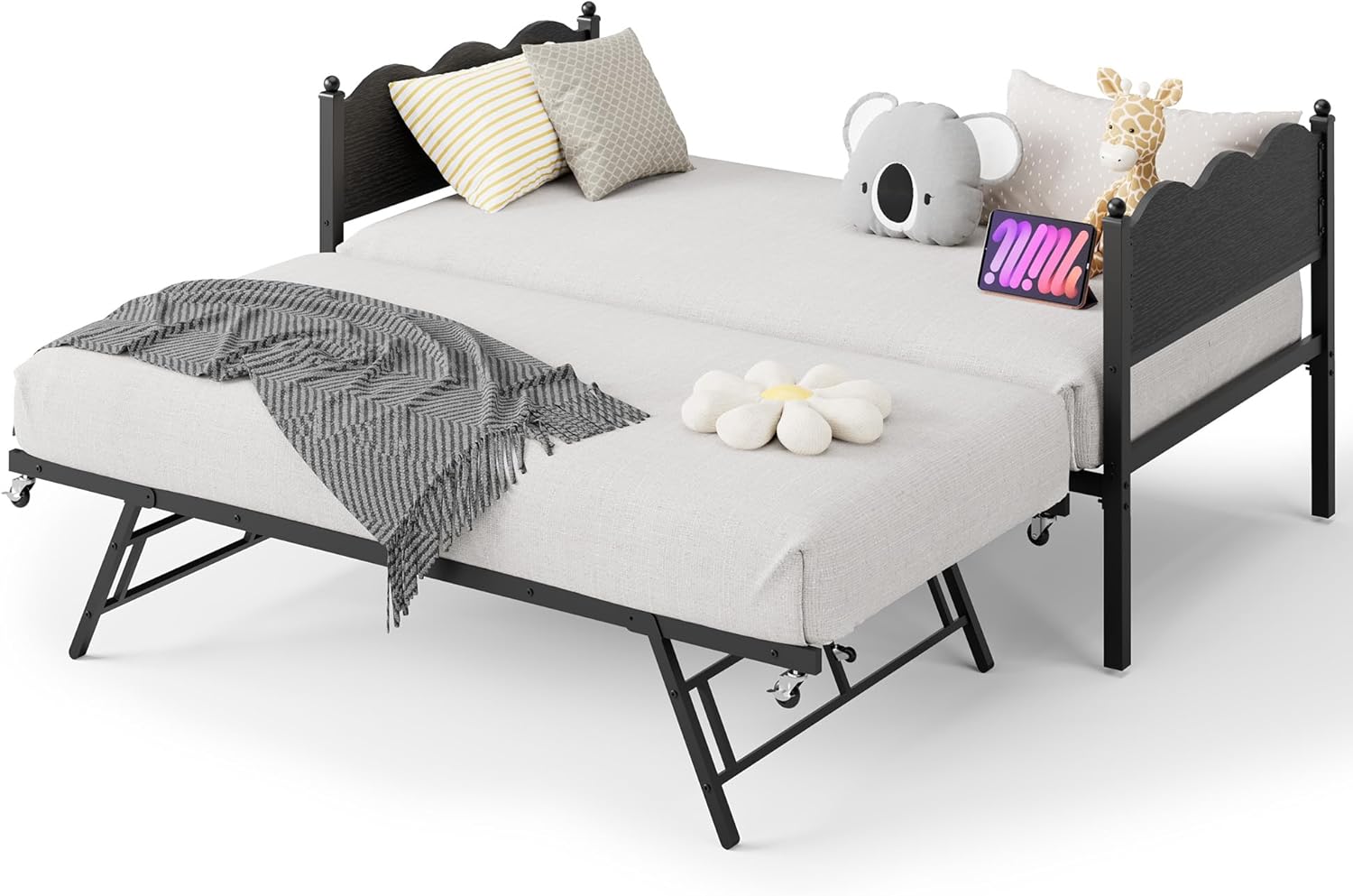 IDEALHOUSE Twin Daybed with Trundle, Day Bed with Industrial Wood Grain Headboard, Steel Slats Support & Lockable Casters, Space-Saving & Multifunctional, Easy Assembly for Living Room, Bedroom, Black