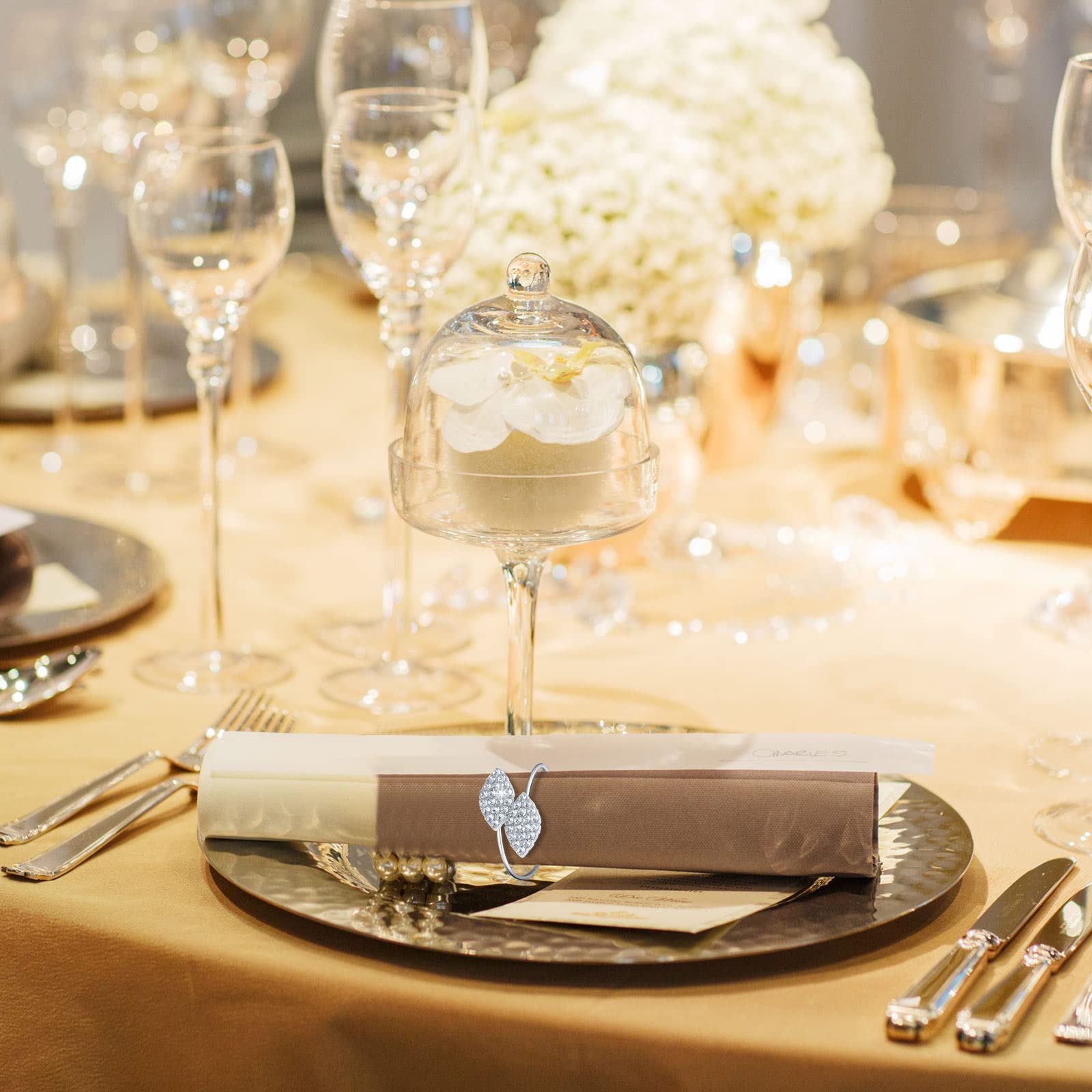 Hotop Lot de 300 ronds de serviette argentés pour table d'automne et de Thanksgiving | Élégante décoration de table en cristal pour Noël, mariage, fête, dîner de vacances et banquet