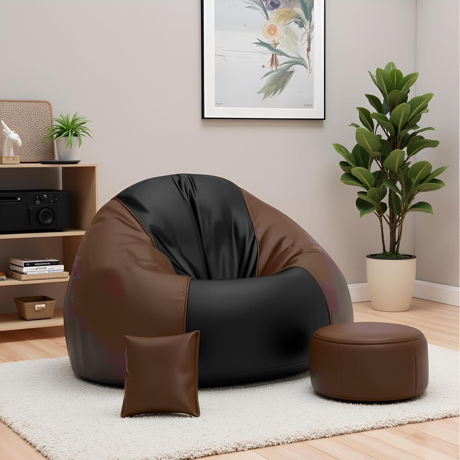 Metro Kreations 4XL Tear Drop Bean Bag Chair with Footrest & Pillow | Premium Leatherette Bean Bag Cover (Without Beans) | Brown and Black | Upto 150 Kg Capacity | Living Room Lounger