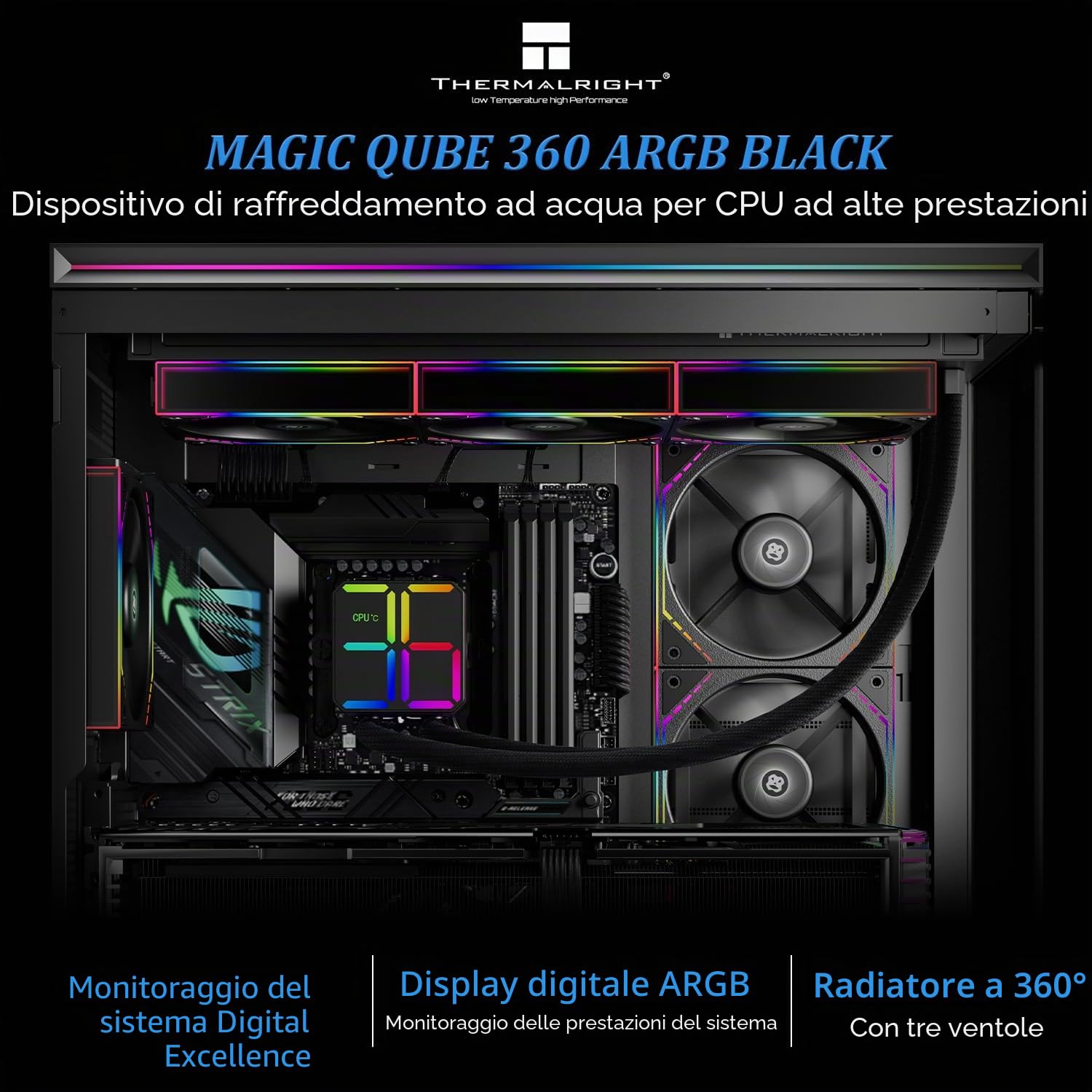 Thermalright Magic Qube 360 ARGB Black - Raffreddatore per CPU 360 Aio, tre ventole TL-M12Q PWM per AM4/AM5, Intel LGA1851/1700/115X/1200