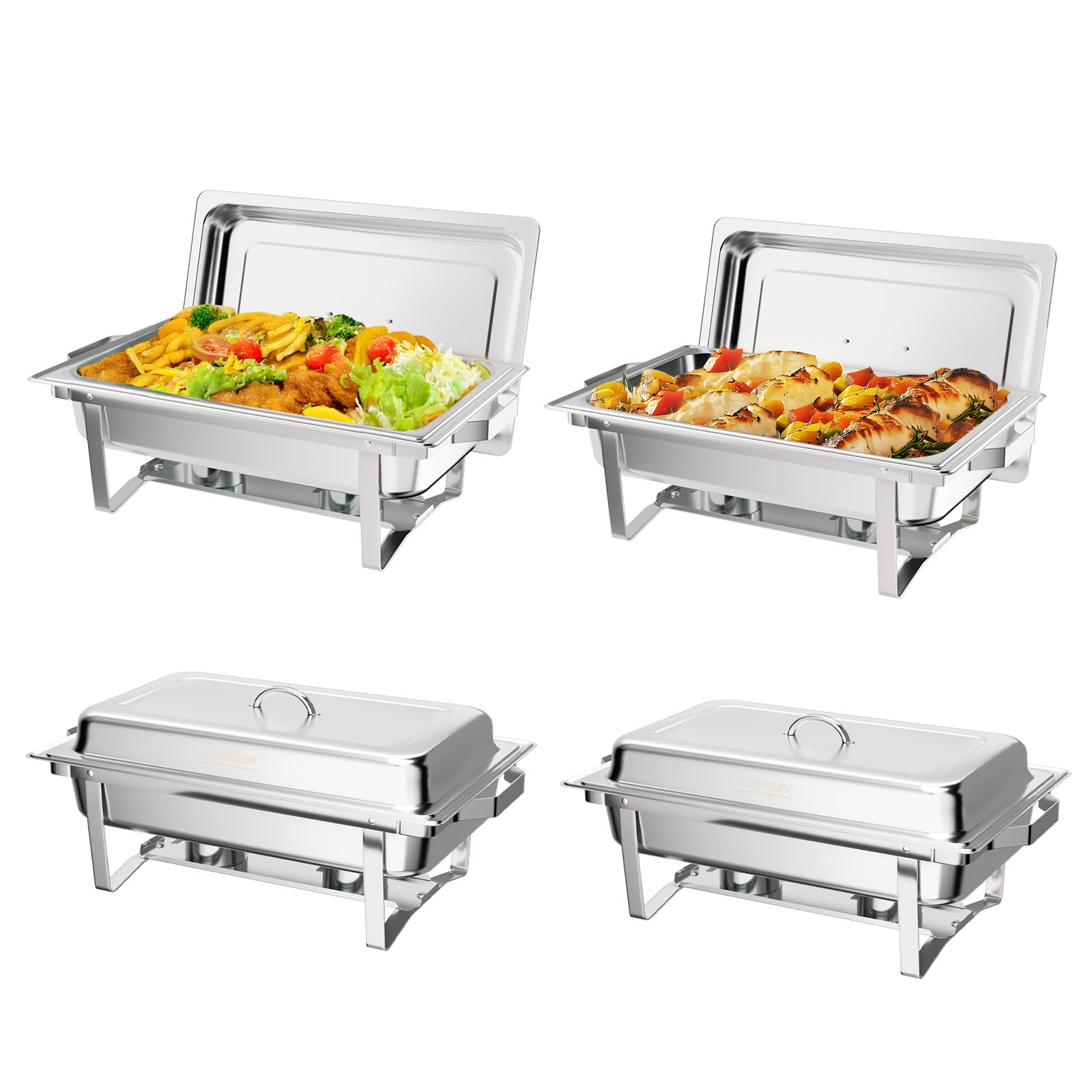 Rovsun Warmhaltebehälter Essen aus Edelstahl 9 L, Chafing Dish 60x36x30 cm, Speisenwärmer Speisebehälter,Wärmebehälter Buffet Wärmer Rechaud mit Rollrand & faltbaren Gestell 4pc