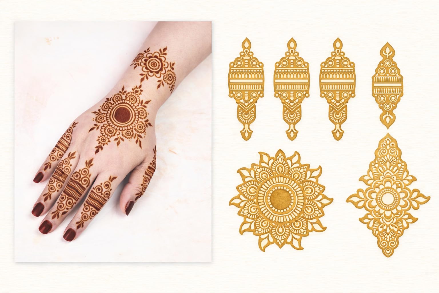 Mehndi Stencil Set for Hands & Arms, Easy Apply Henna Design Templates, Golden, Plastic, Medium, Waterproof Vinyl, Festival & Bridal Use, 2 Sheets-image-12