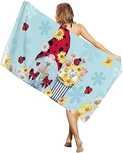 Rustic Countryside Ladybug and Flowers Beach Towel-Sand Free Absorbent Blanket Oversized Large Pool Towels Farmhouse Daisy Sunflowers,Quick Dry