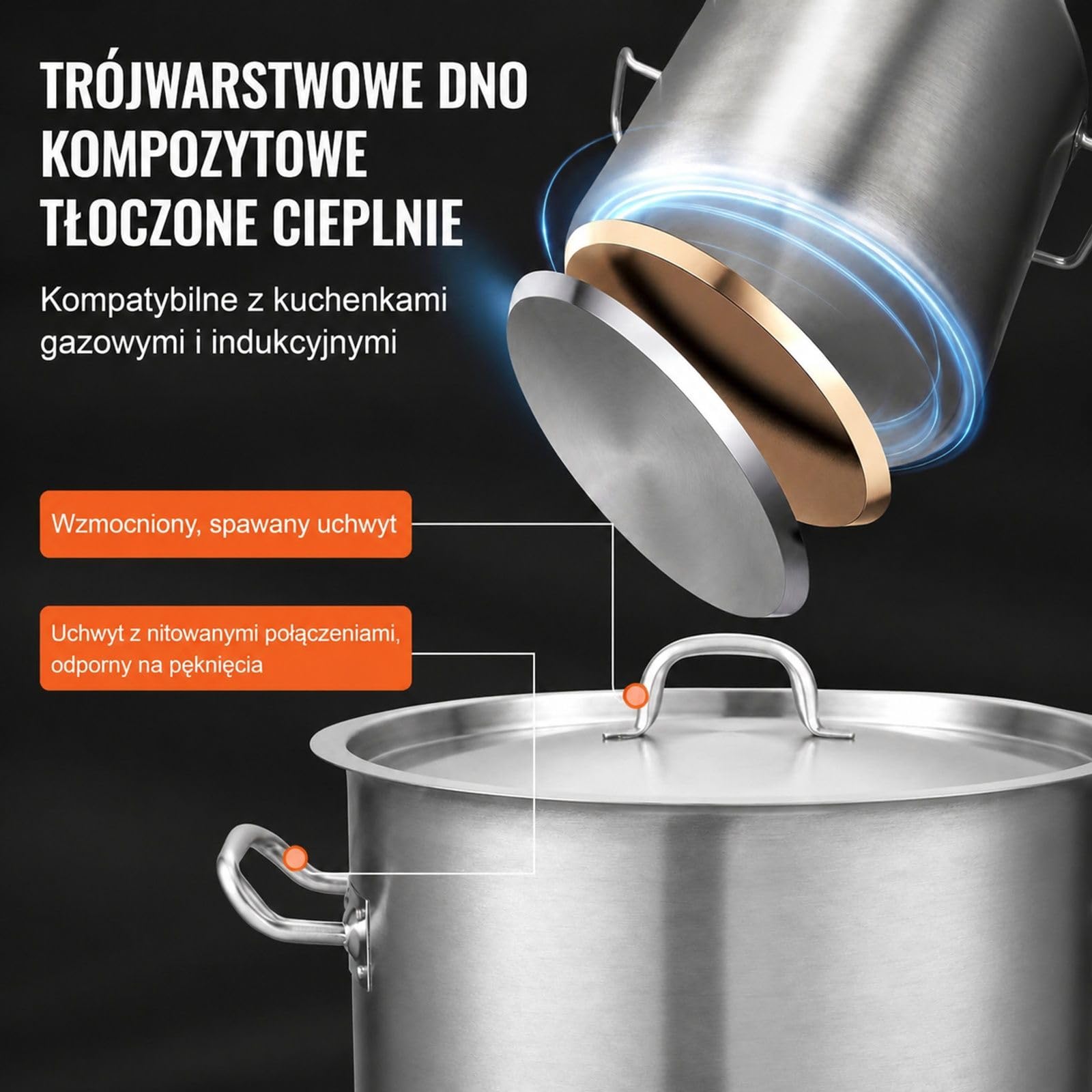Garnek ze stali nierdzewnej 39,7 l, pokrywka, dno kompozytowe, uchwyty boczne do zupy, szparagów oraz sosu