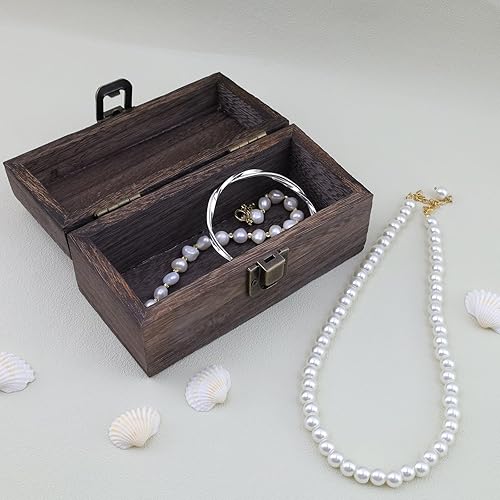 Miniatura 4 de Tighall Caja de madera antigua con tapa con bisagras y cerradura, caja de almacenamiento rectangular de madera decorativa para manualidades,