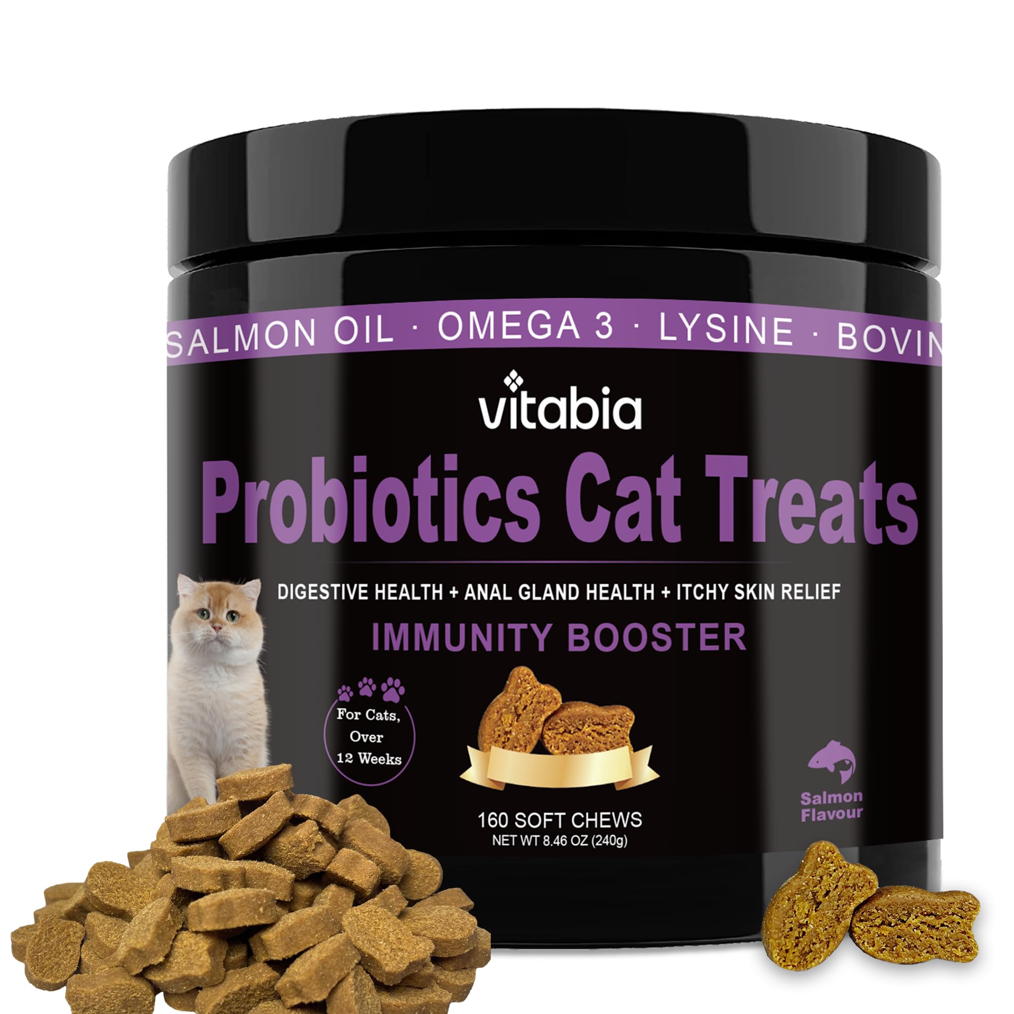 Probiotics for Cats with Lysine, Omega 3 Fish Oil & Vitamins | Cat Treats for Itchy Skin, Allergies and Flea Treatment | Digestive Health & Immune Support | Cat Food Supplements (120 Count)