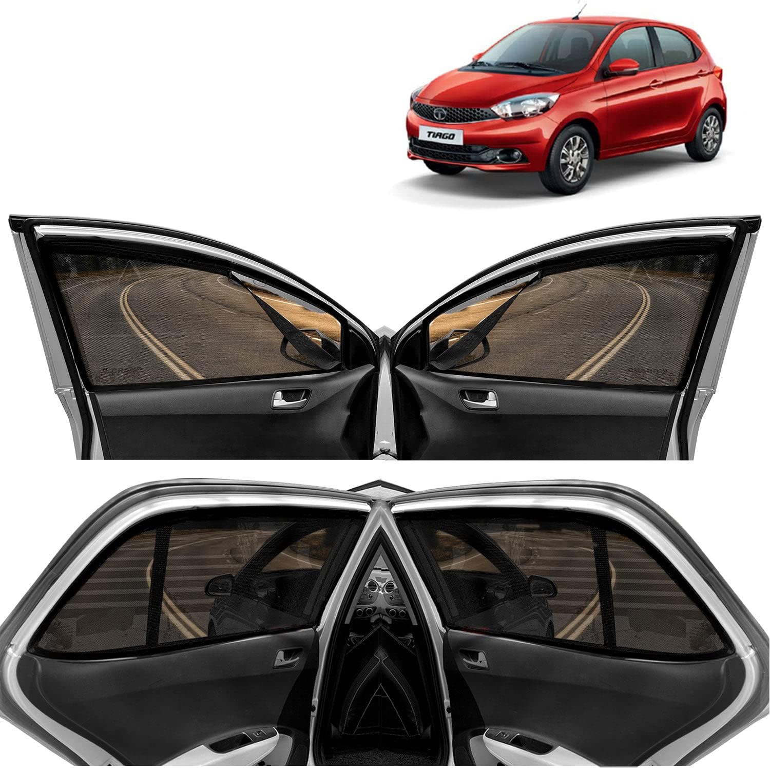 Aakirti Automotive Car Side Window Curtain Sun Shades Magnetic for Tata Tiago (2016-2020), Zips in Front Window, Cotton Mesh, Complete Set of 4 Piece