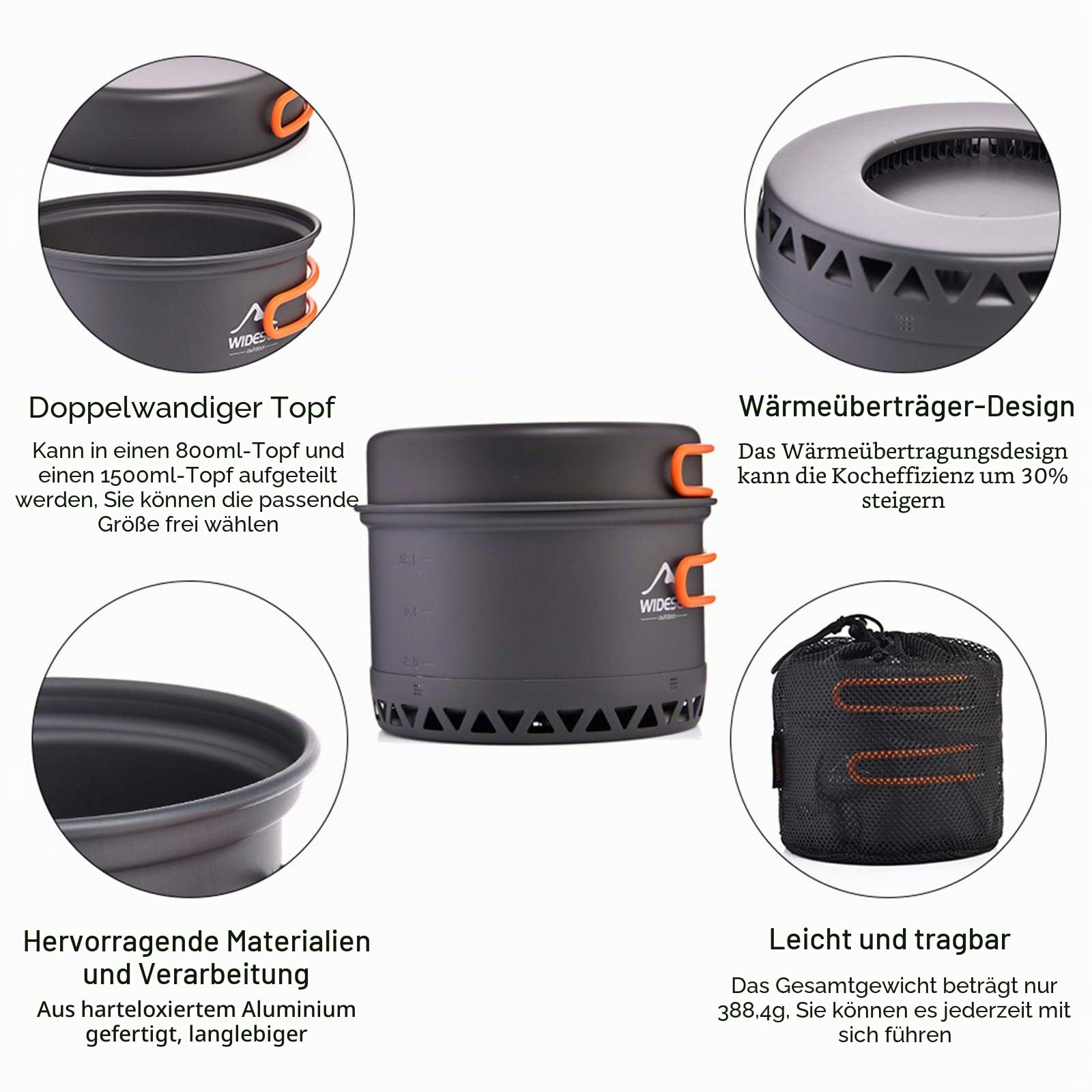 widesea Camping Kochgeschirr Outdoor Topf Pfanne Kochgeräte Wärme-Design für Wandern