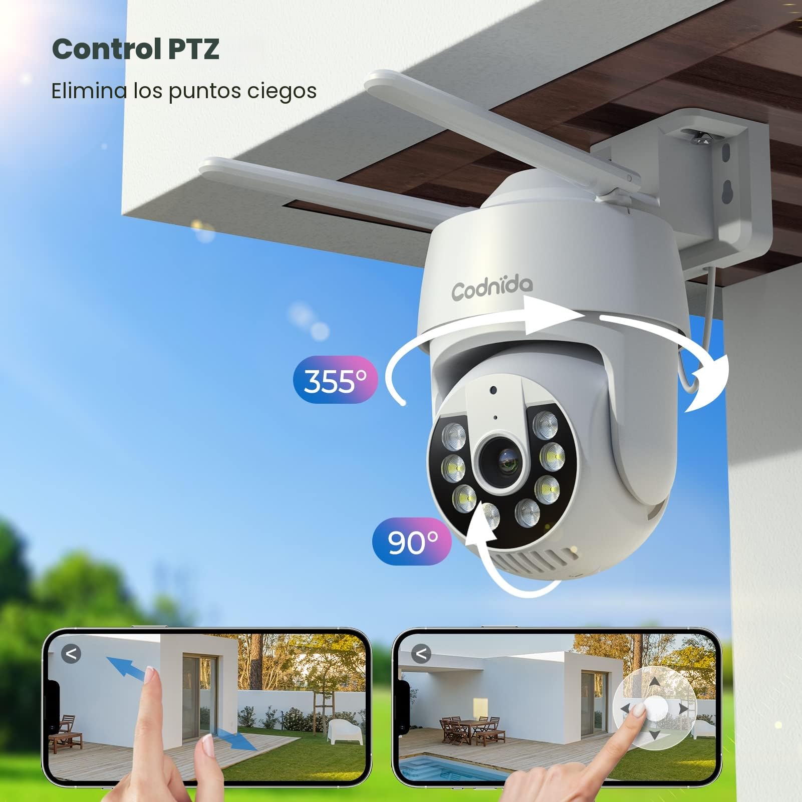Codnida 2K Camara Vigilancia WiFi Exterior, Camaras Vigilancia Domicilio 2.4Ghz WiFi PTZ 360° Vista con Visión Nocturna en Color,24/7 Grabación Continua,Seguimiento Automático,Alarma de Luz y Sonido,
