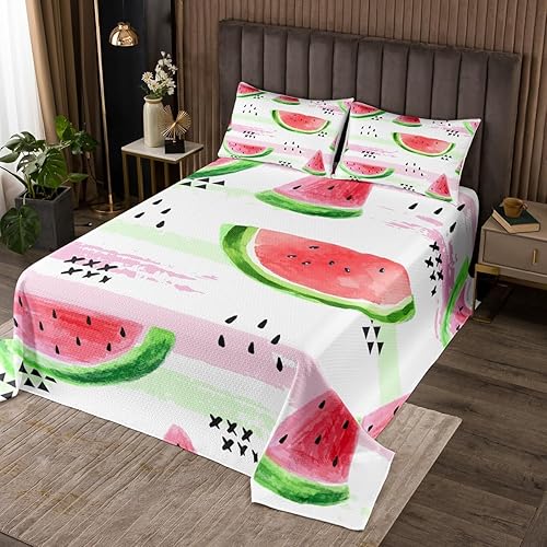 Miniatura 4 de Manfei Colcha de sandía, tamaño Queen, colcha acolchada con estampado de frutas Kawaii con 2 fundas de almohada, juego de colcha de rayas rosas y