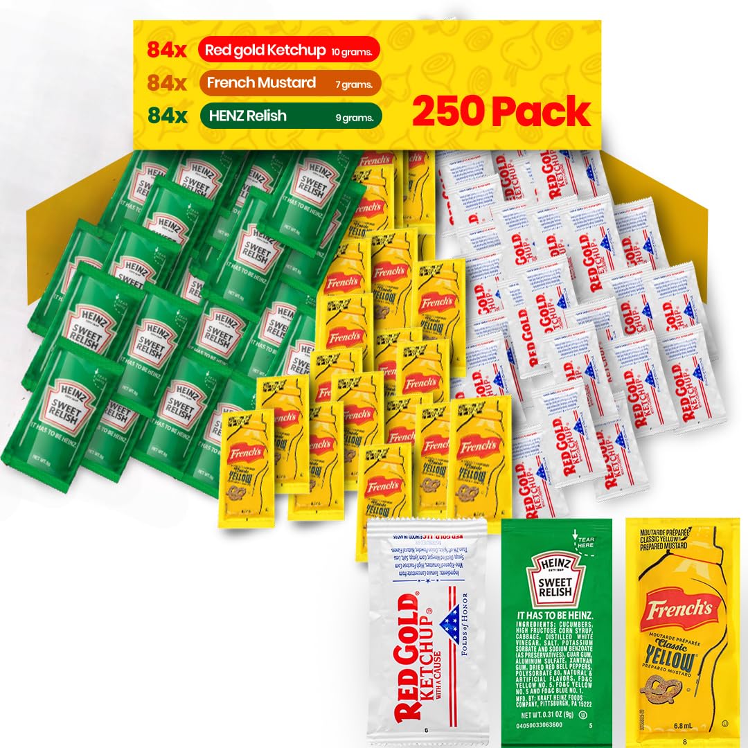 Condiment Variety Pack - Single Serve Pouches: KETCHUP, MUSTARD, and RELISH - Perfect for Picnics, Lunch Boxes, BBQs, Travel, and Parties (250 Pack,