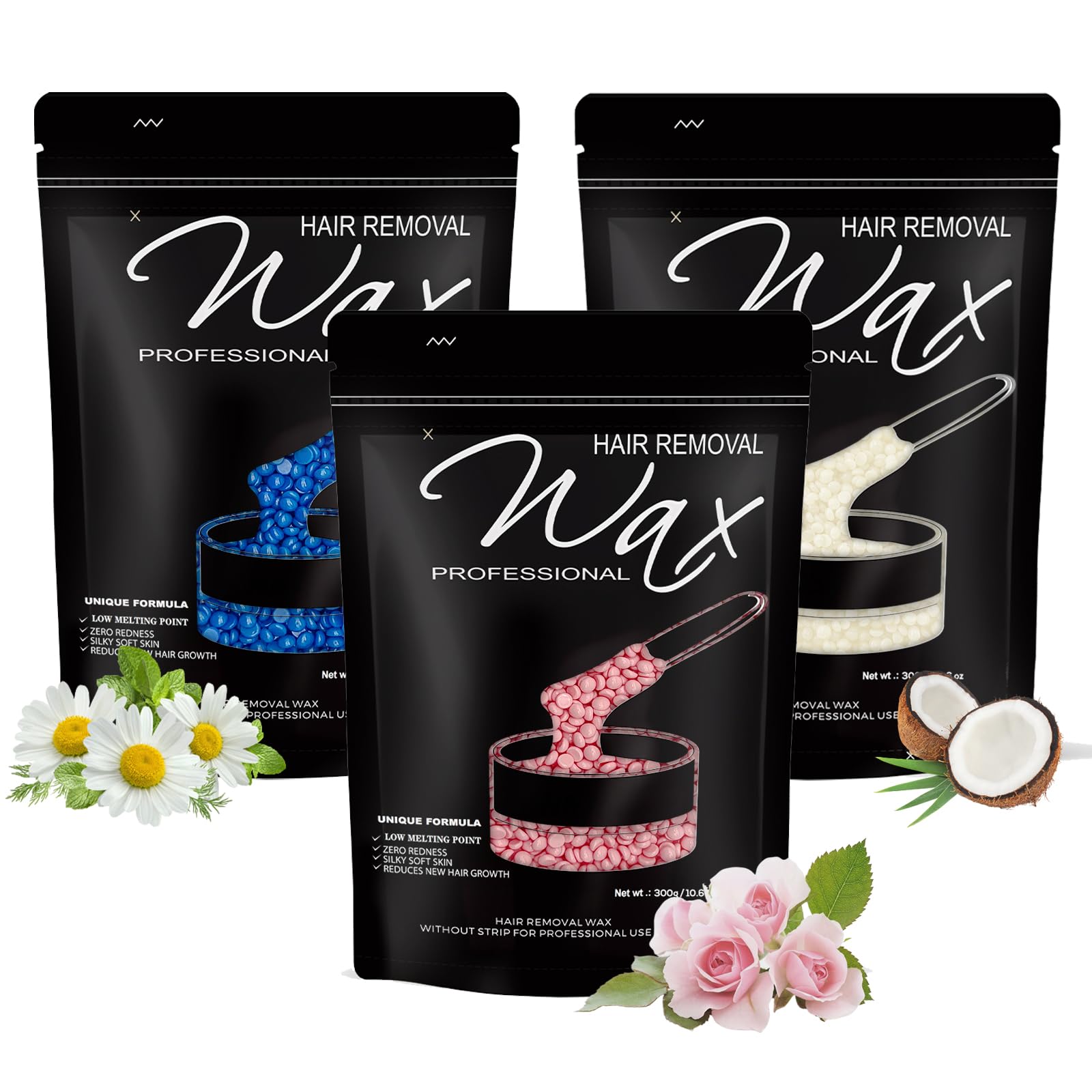 3 Packs Wax Beads - 2lbs Hard Wax Beads for Brazilian Bikini & Coarse/Stubborn Hair, Wax Beads for Hair Removal At-Home Waxing,Hard Wax Works on Face, Body, Legs (Coconut & Rose & Chamomile)