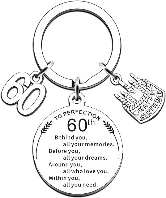 AMZQ Birthday Keyring Birthday Gifts for Women Men Boys Girls Inspirational Keychain Gifts for Family (60th)