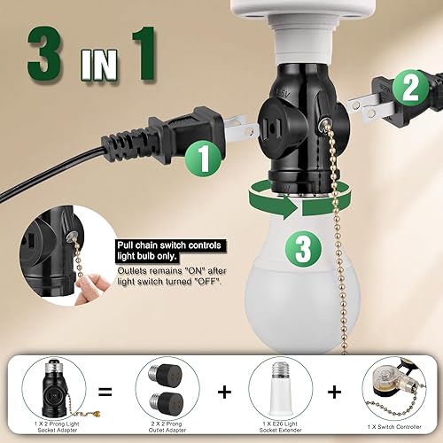 Miniatura 3 de Adaptador de enchufe de luz de 2 tomas, divisor de enchufe de bombilla E26 a tomacorriente, convierte el enchufe de tornillo mediano en un enchufe