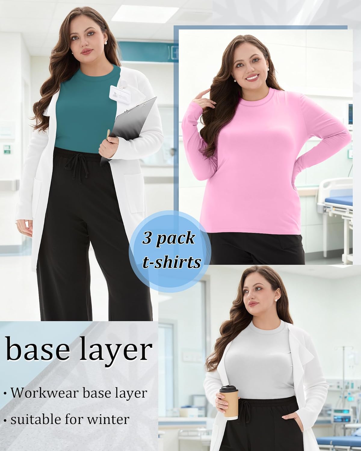 Oakgarden 3 Pack Women's Plus Size Underscrub Shirts, Long Sleeve Crew Neck Tops Fitted Layering Basic Tee for Nurse