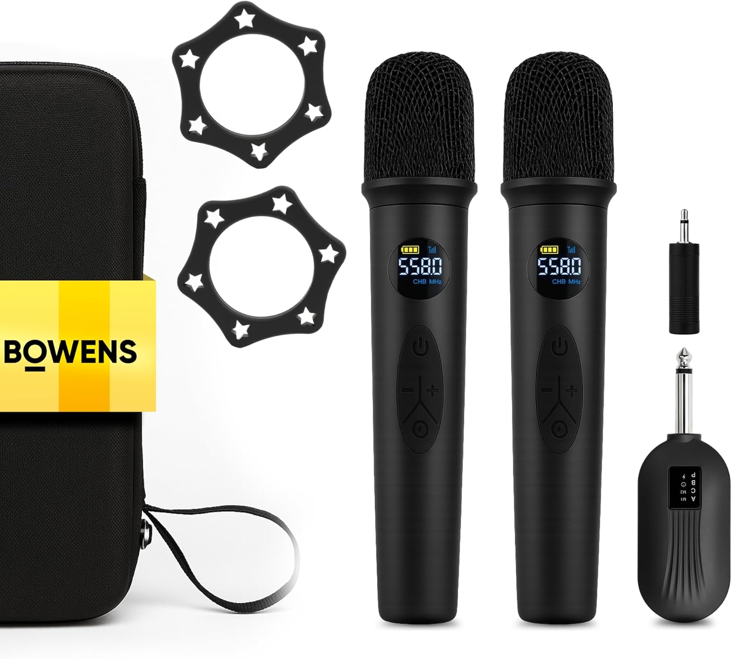 Bowens Wireless Microphones – Karaoke Microphone Wireless System with 2 Mics & Receiver, Microphone for Singing w Echo Control, LCD Display, USB-C Charging, 6.35mm Adapter – for DJs, Parties, Events