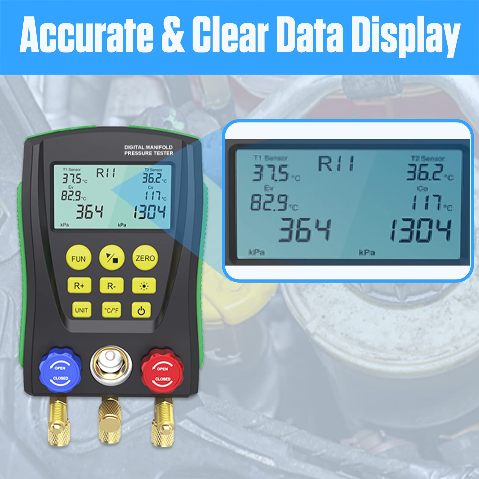 Kit di manometro digitale per la refrigerazione PLAYOCCAR per HVAC,set di testatore di diagnostica di vuoto, pressione e temperatura per il test e la manutenzione di climatizzatori e frigoriferi
