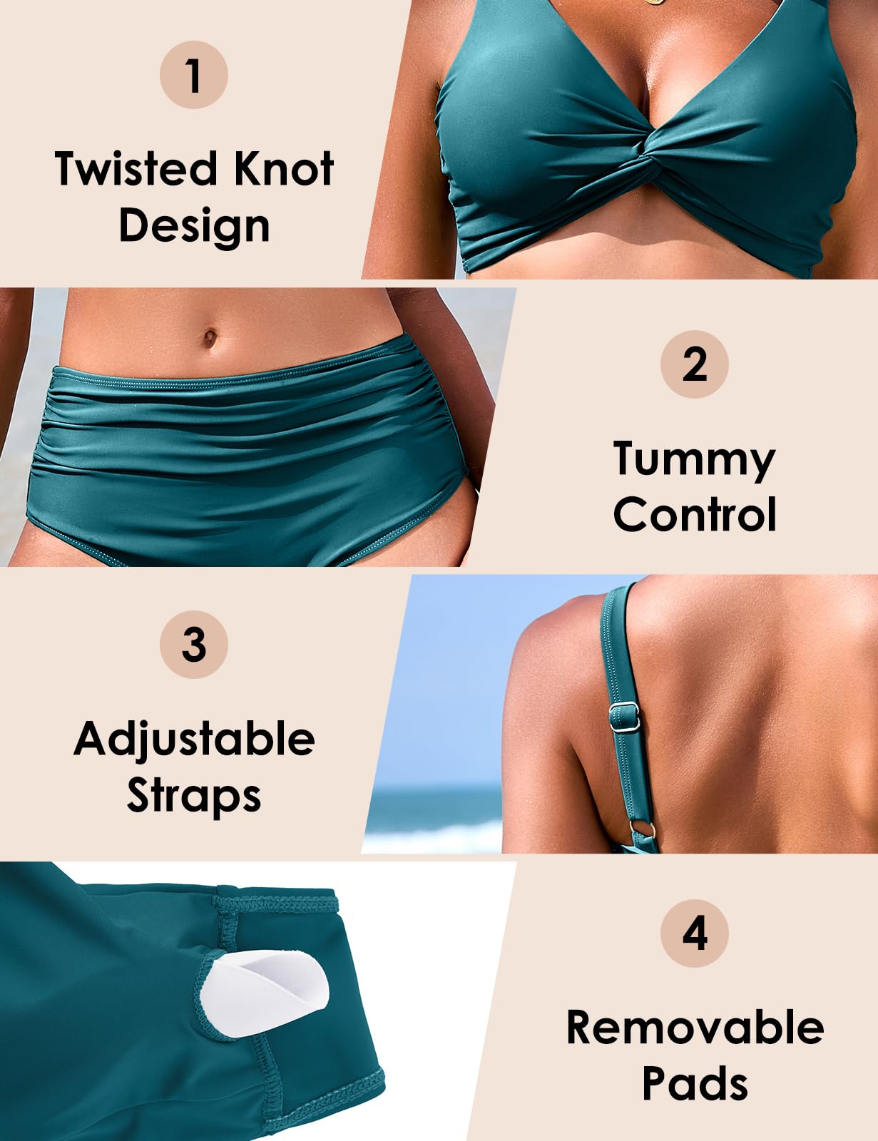 Nadeer Traje de Baño Push Up Conjuntos de Bikini Sexy Cuello en V Dos Piezas Elegante Twist Front Conjunto Bañador Control de Vientre de Cintura Alta Ropa de Playa